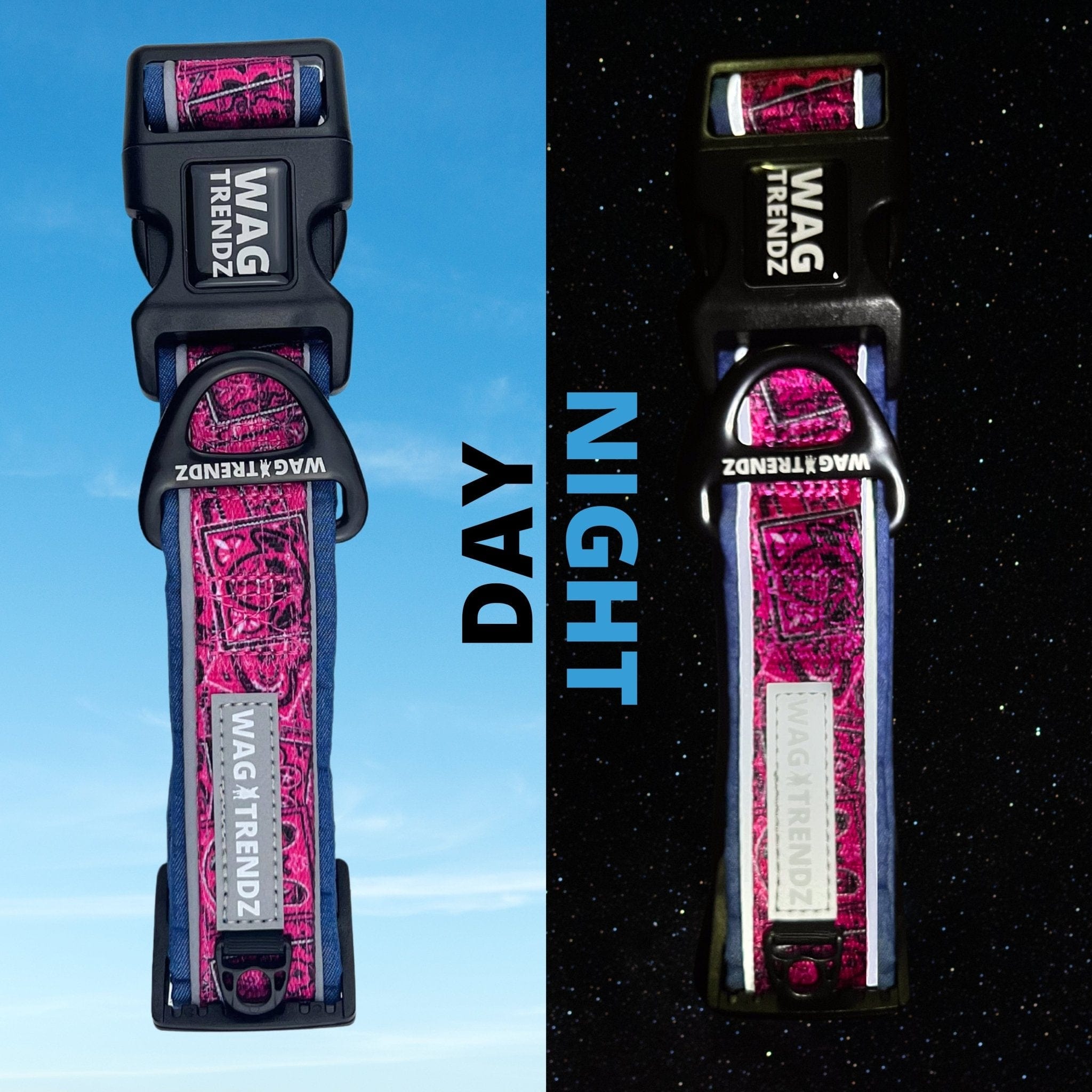 Reflective Dog Collar - reflective dog collar in Bandana Boujee Hot Pink with Denim accents - split photo showing reflective dog collar during the day and the reflective aspect of the dog collar at night - Wag Trendz