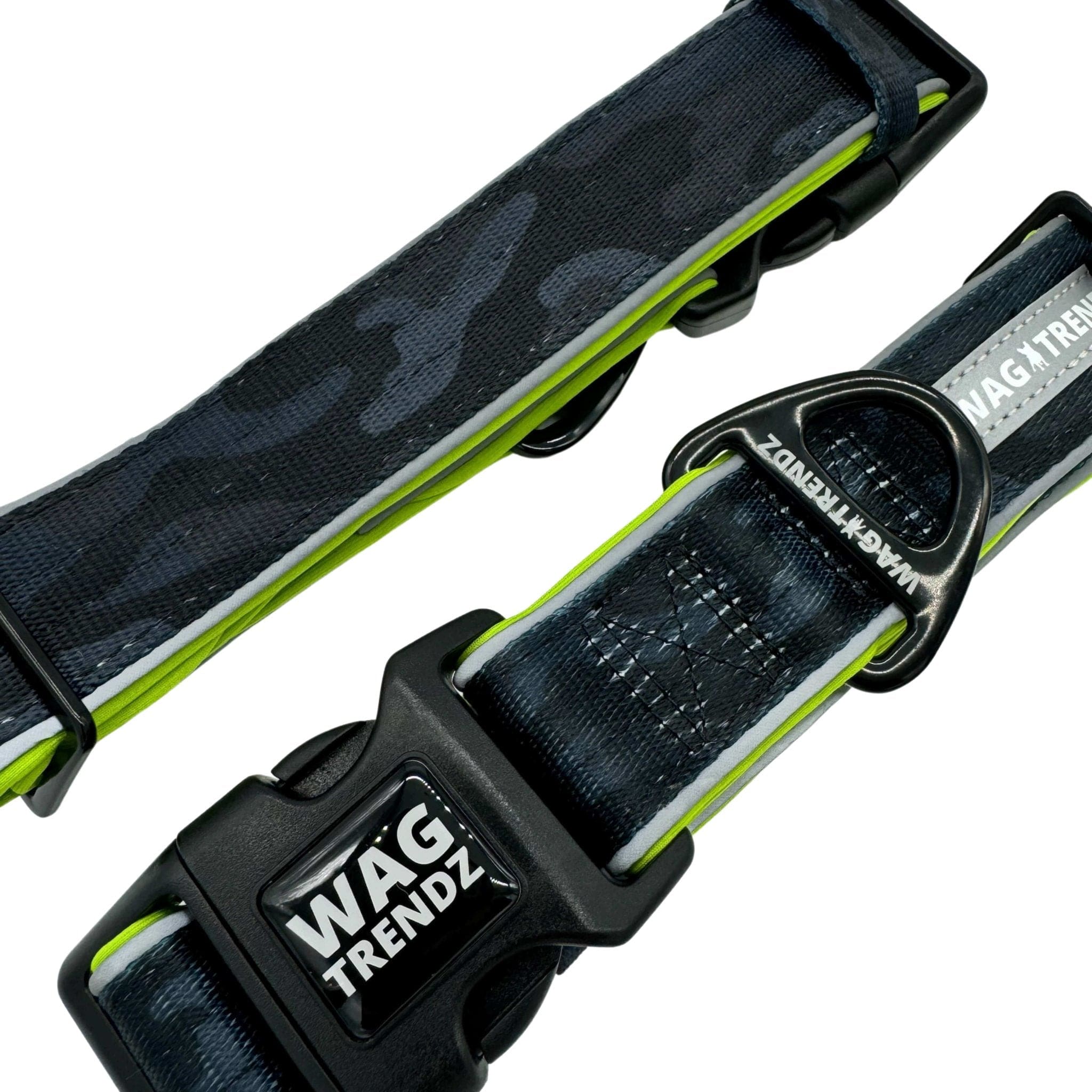 Reflective Dog Collar - black and gray Camo with hi vis accents - 3 reflective dog collars in small, medium and large and sizes up close - against solid white background - Wag TrendzReflective Dog Collar - black and gray Camo with hi vis accents - front and back view up close - against solid white background - Wag Trendz