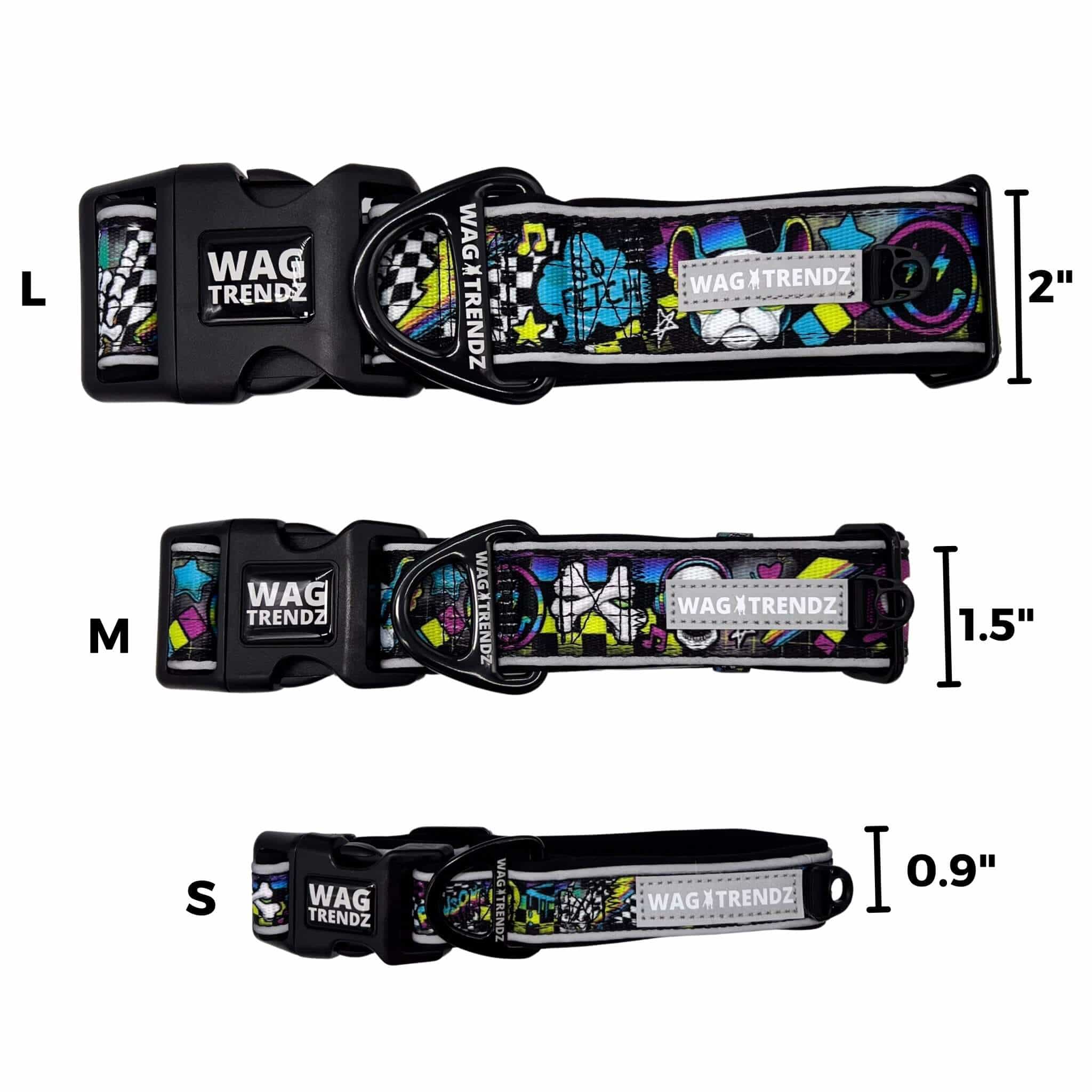 Reflective Dog Collar - Skull Society reflective collar in small, medium and large with multicolored graphics in yellow, blue, purple with black background - against solid white background with size measurements for each size collar- Wag Trendz