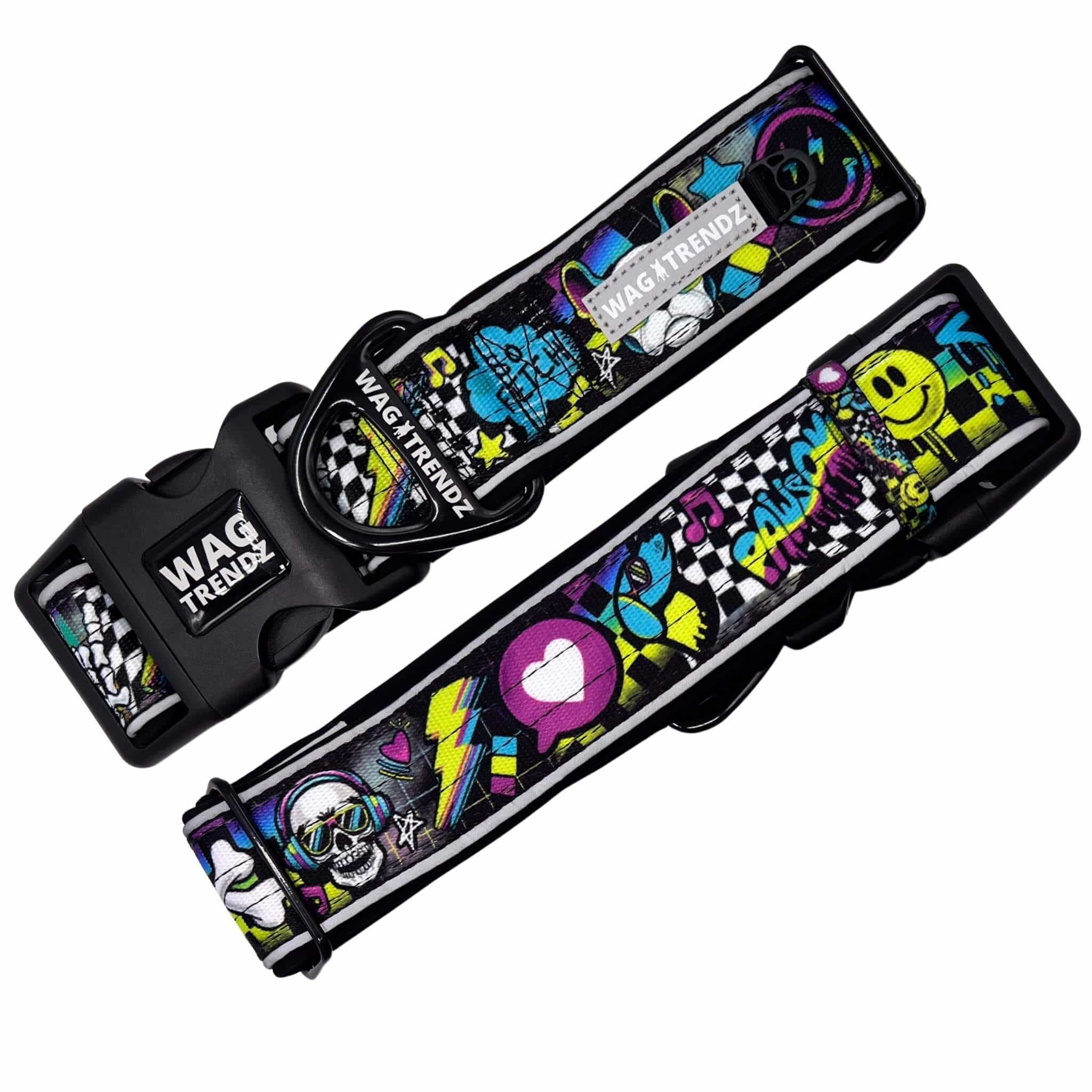 Reflective Dog Collar - Skull Society reflective collar with multicolored graphics in yellow, blue, purple with black background - against solid white background - Wag Trendz