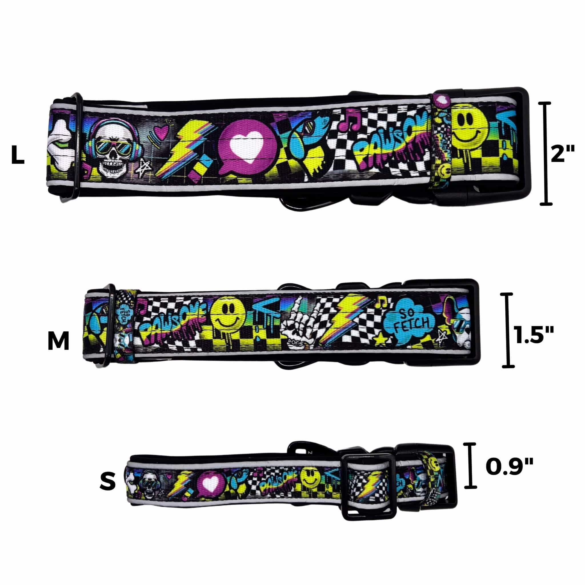 Reflective Dog Collar - Skull Society reflective collar in small, medium and large with multicolored graphics in yellow, blue, purple with black background - against solid white background with size measurements for each size collar- Wag Trendz