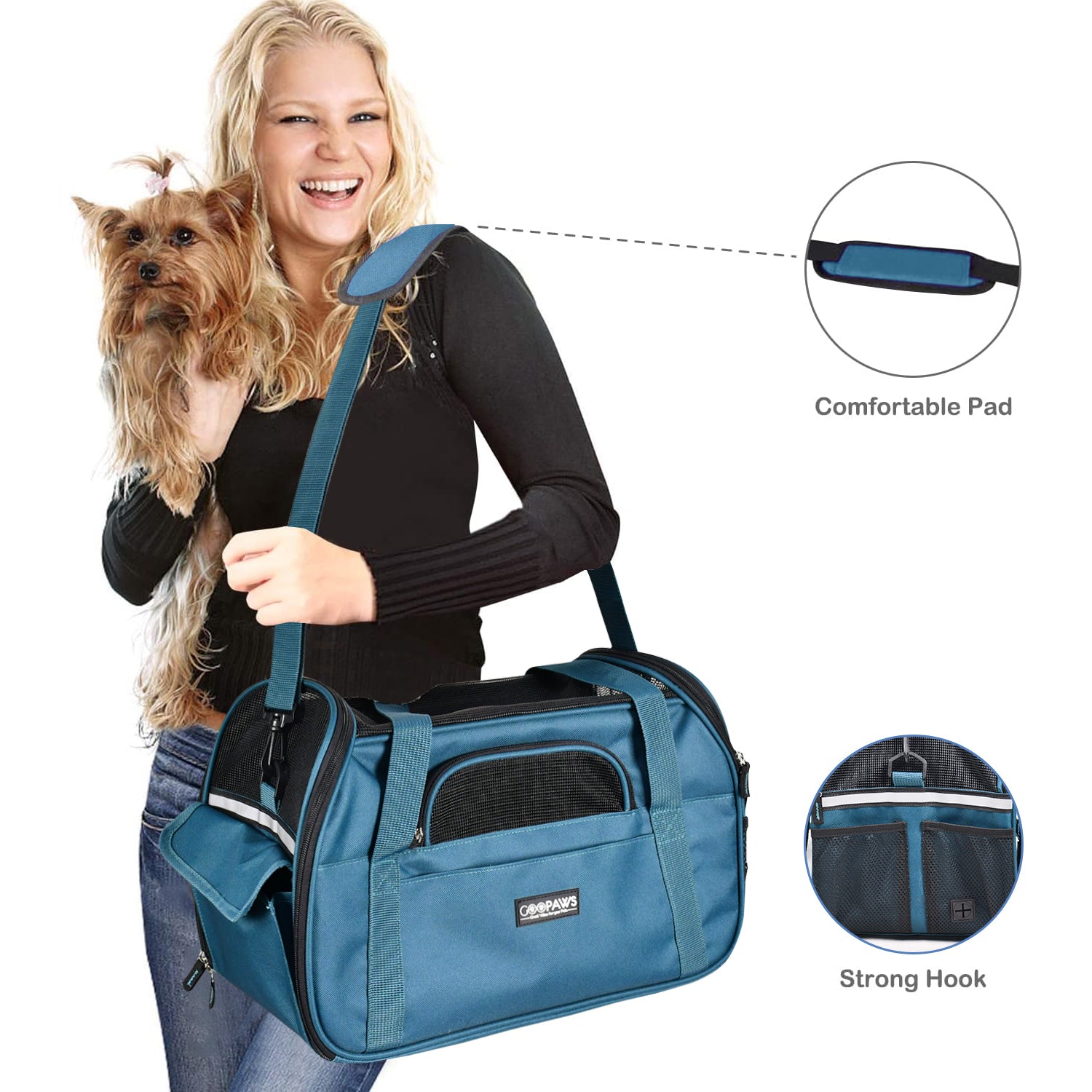 GOOPAWS Soft Sided Pet Cat Carrier Perfect for Travel, Teal Blue, 19" - Image 3
