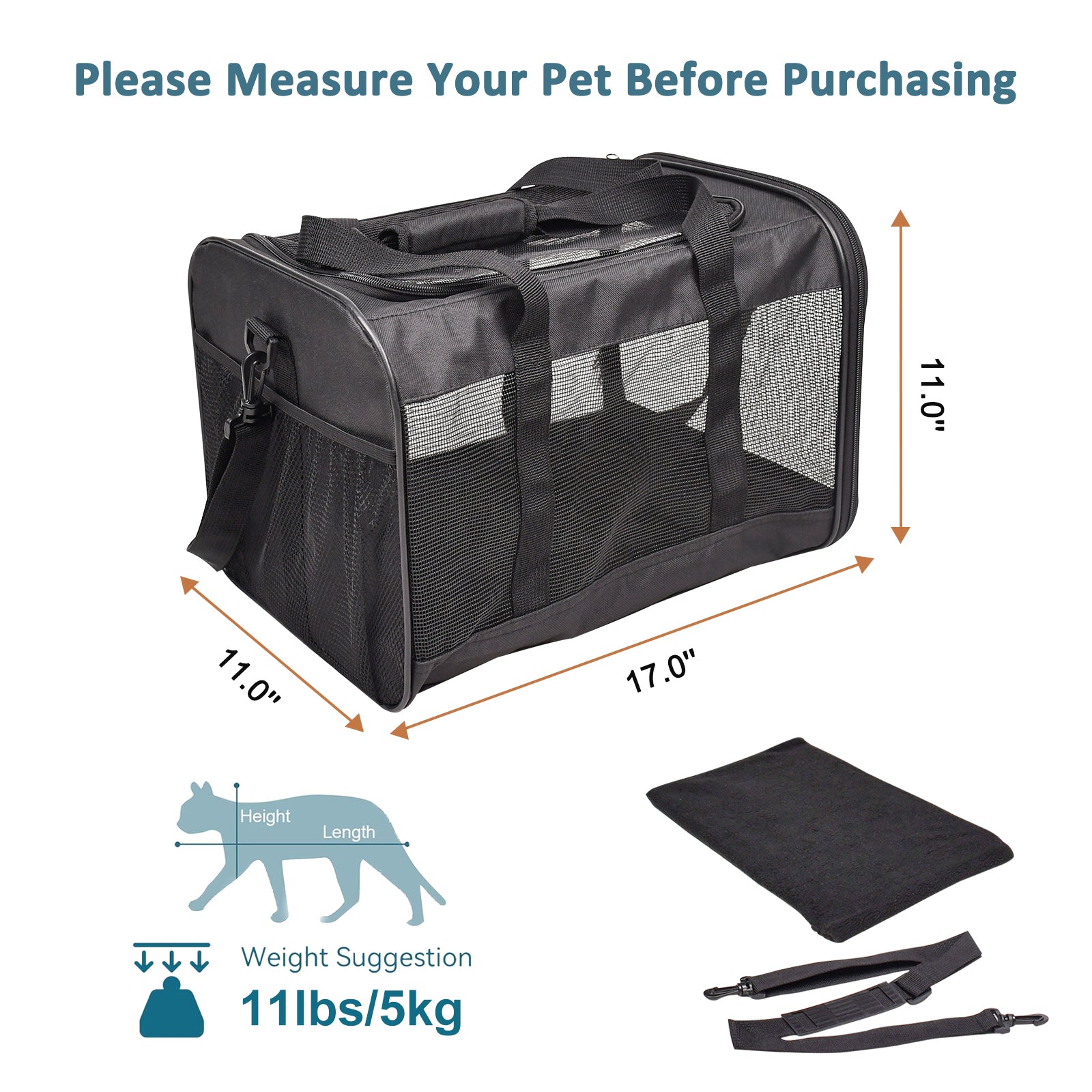 ZAKAPAWS Soft-Sided Travel Small Dog & Cat Carrier Bag, Black, 17'' - Image 4