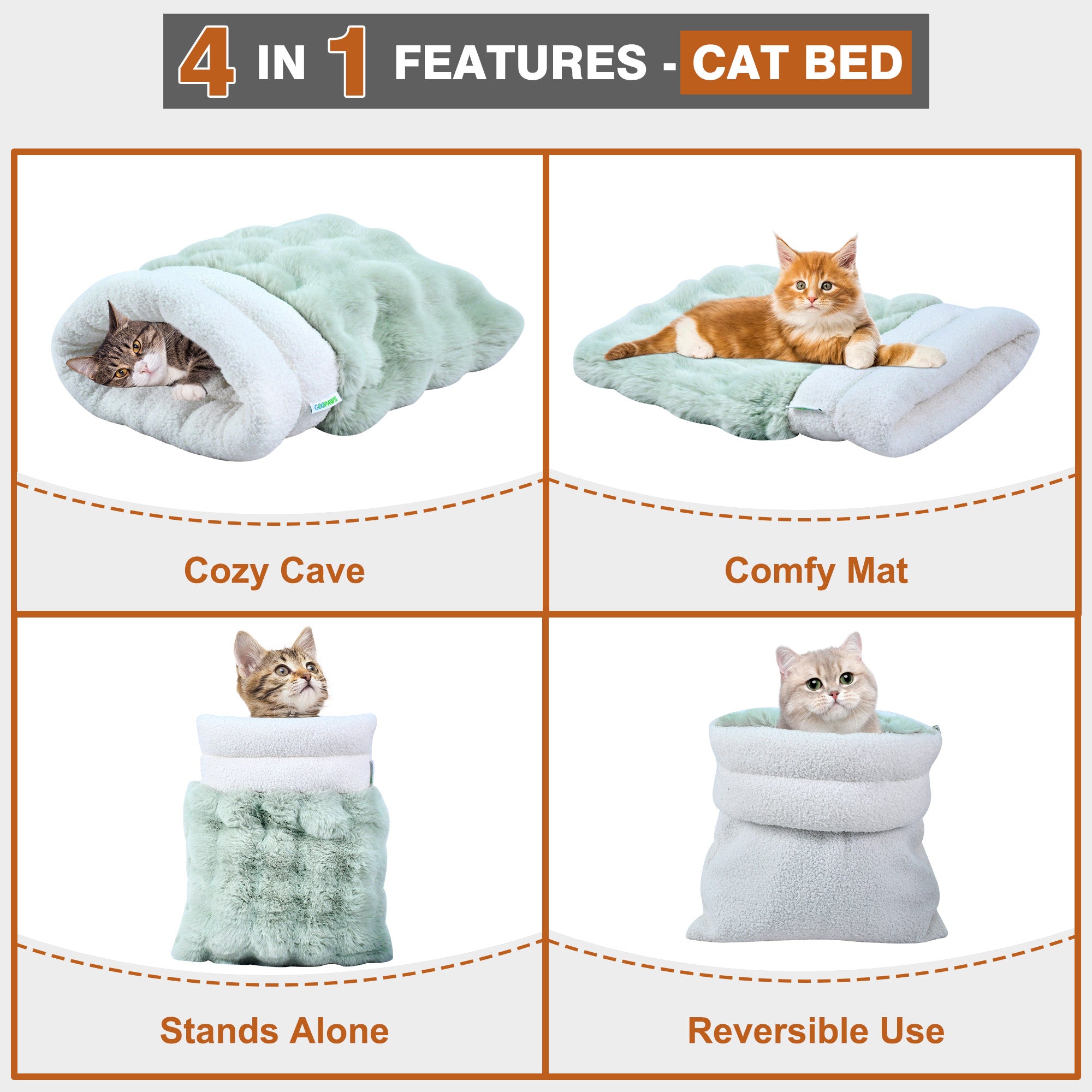 GOOPAWS 4-in-1 Cat Sack Bed Cave - Self Warming Pet Sleeping Bag for Cats & Small Dogs,, Sage Green - Image 3
