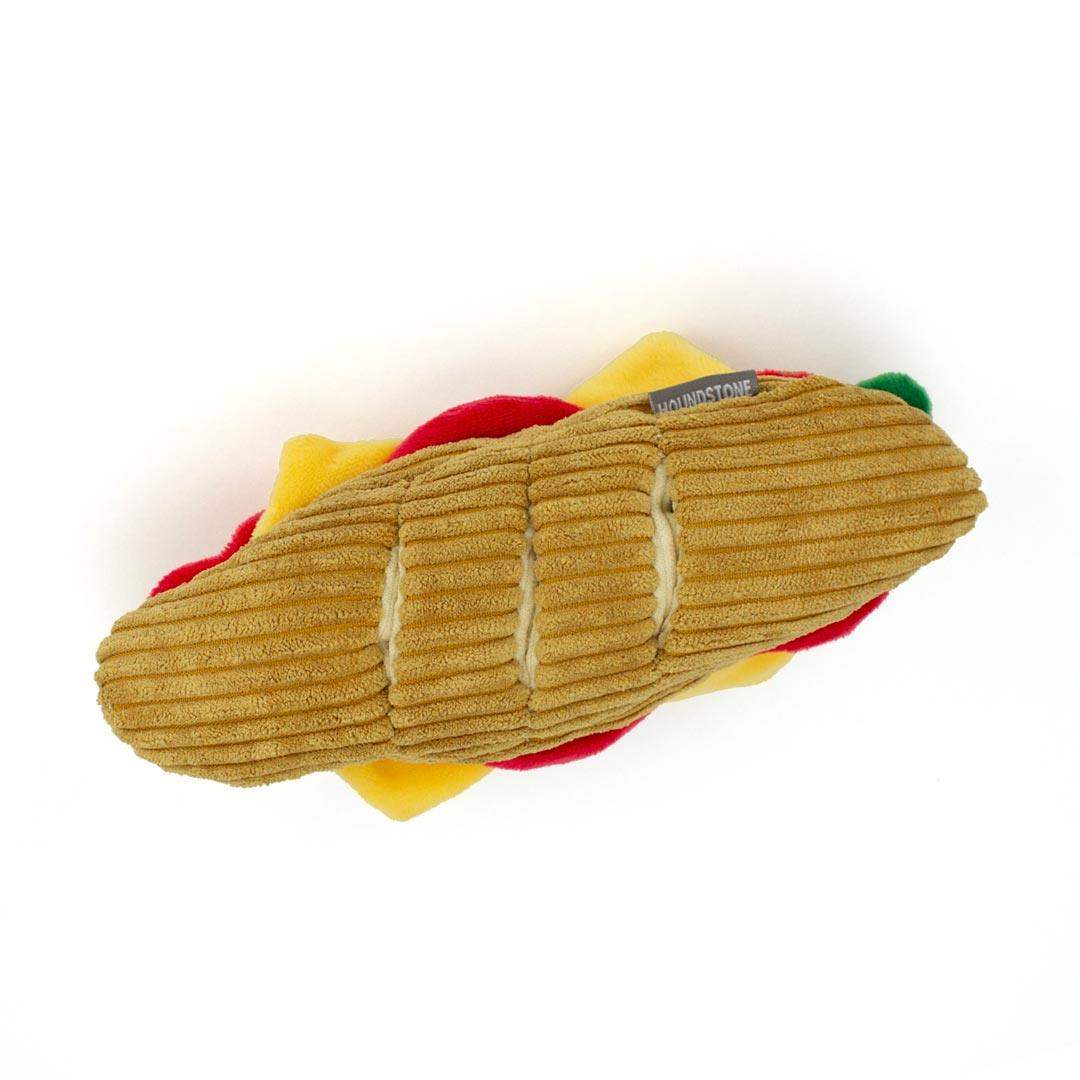 Plush dog squeaky toy shaped like a sandwich with cheese and tomatoes on a white background