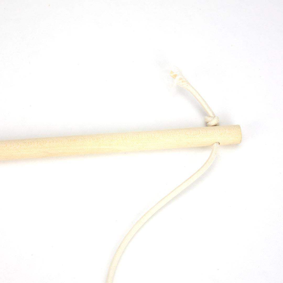 Cat toys with wooden stick with a string attached on a white background