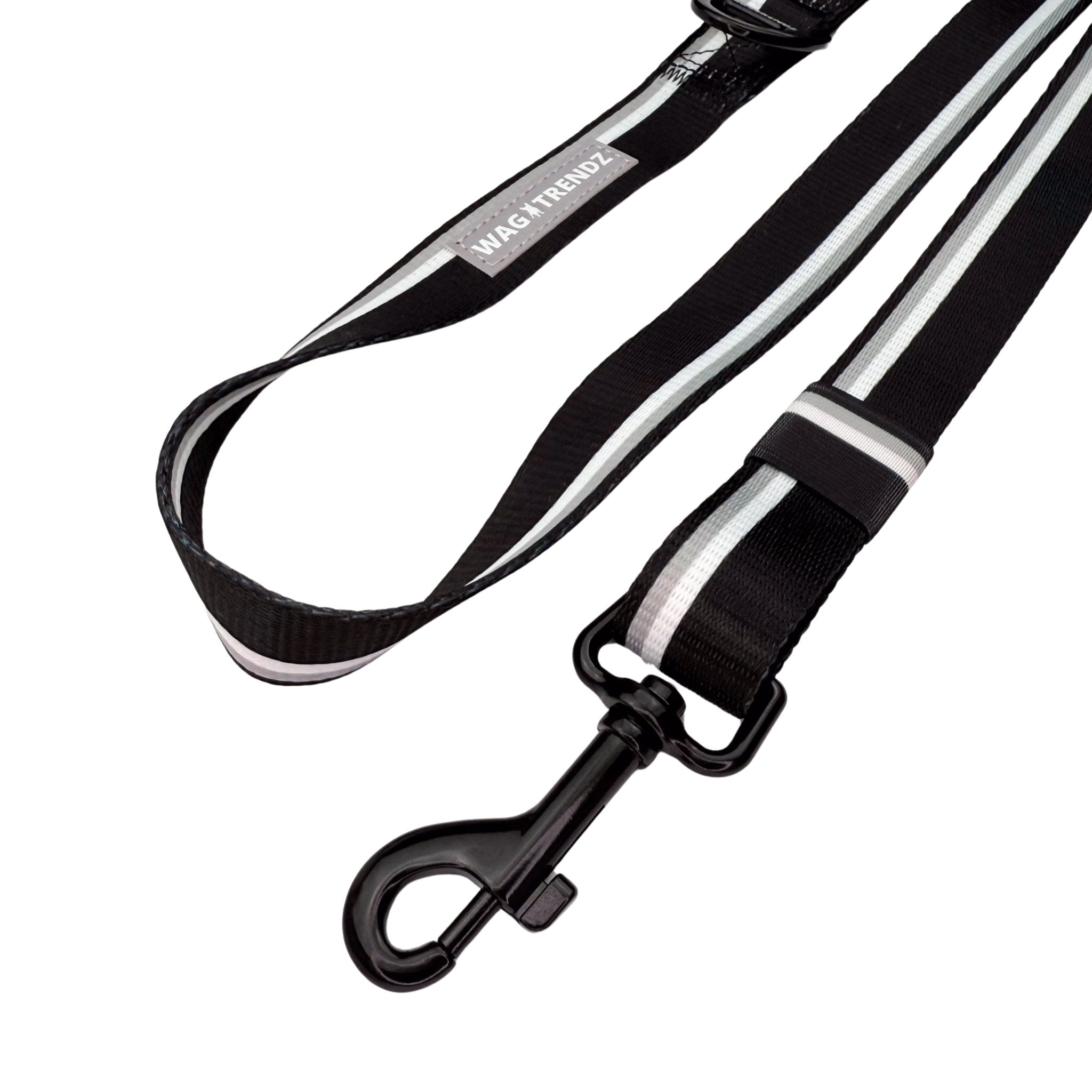Black and white adjustable dog leash with reflective tag on a white background