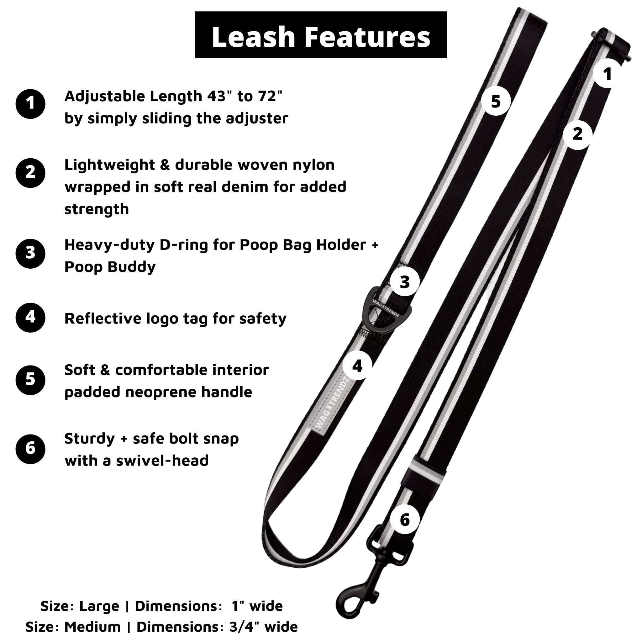 Adjustable Dog leash with features listed on a white background
