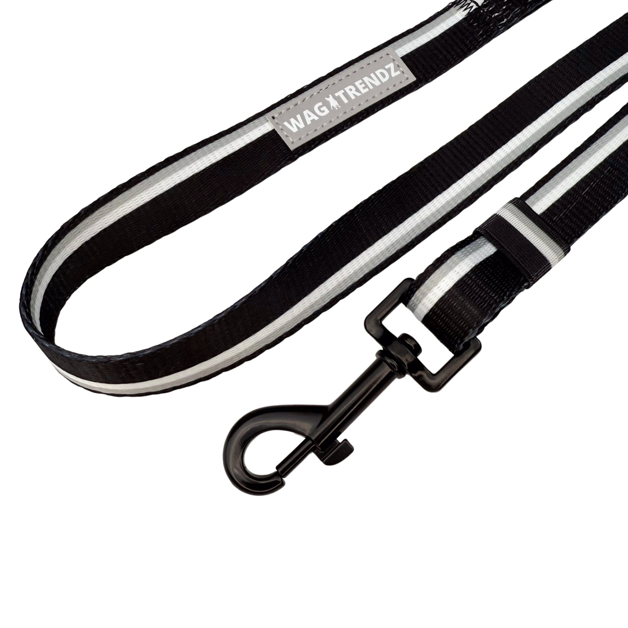 Adjustable Dog leash with black and white design and reflective 'Wagtrendz' branding on a white background
