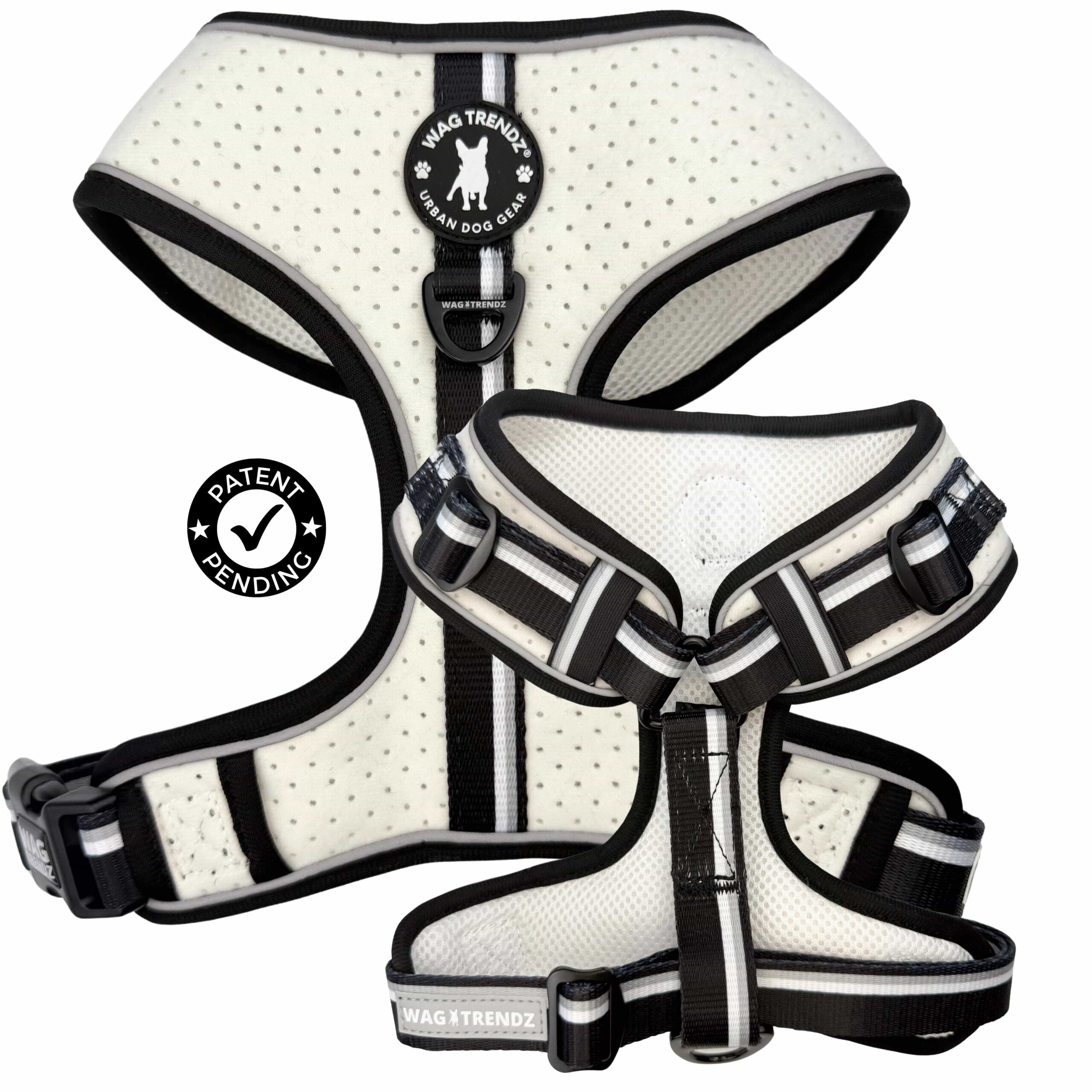 NeoCool™ Sport Dog Harness in White with Black accents and 'Wag Trendz' branding and patent pending on a white background