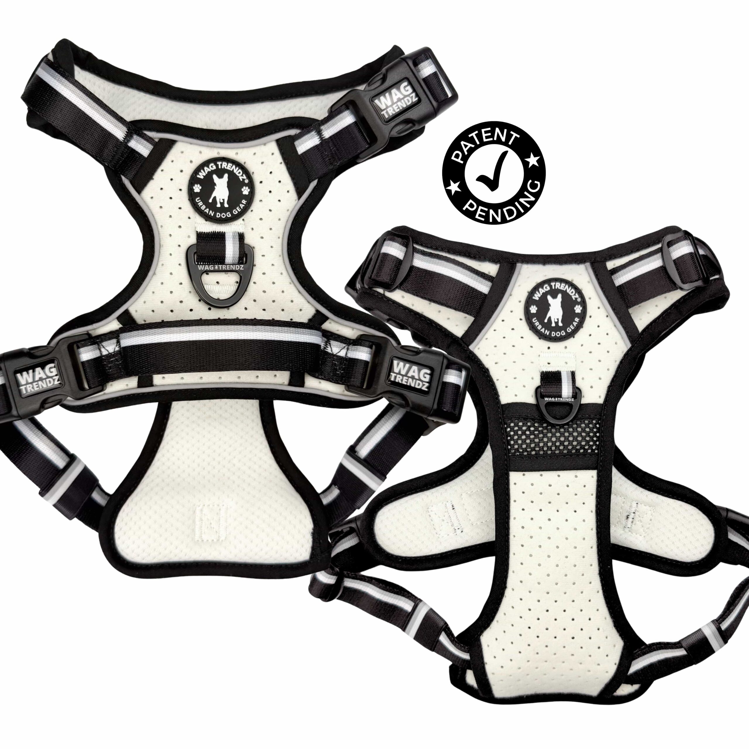Two NeoCool™ Sport Dog Harnesses With Handle in white with black and gray accents with visible branding and a 'Patent Pending' logo on a white background.