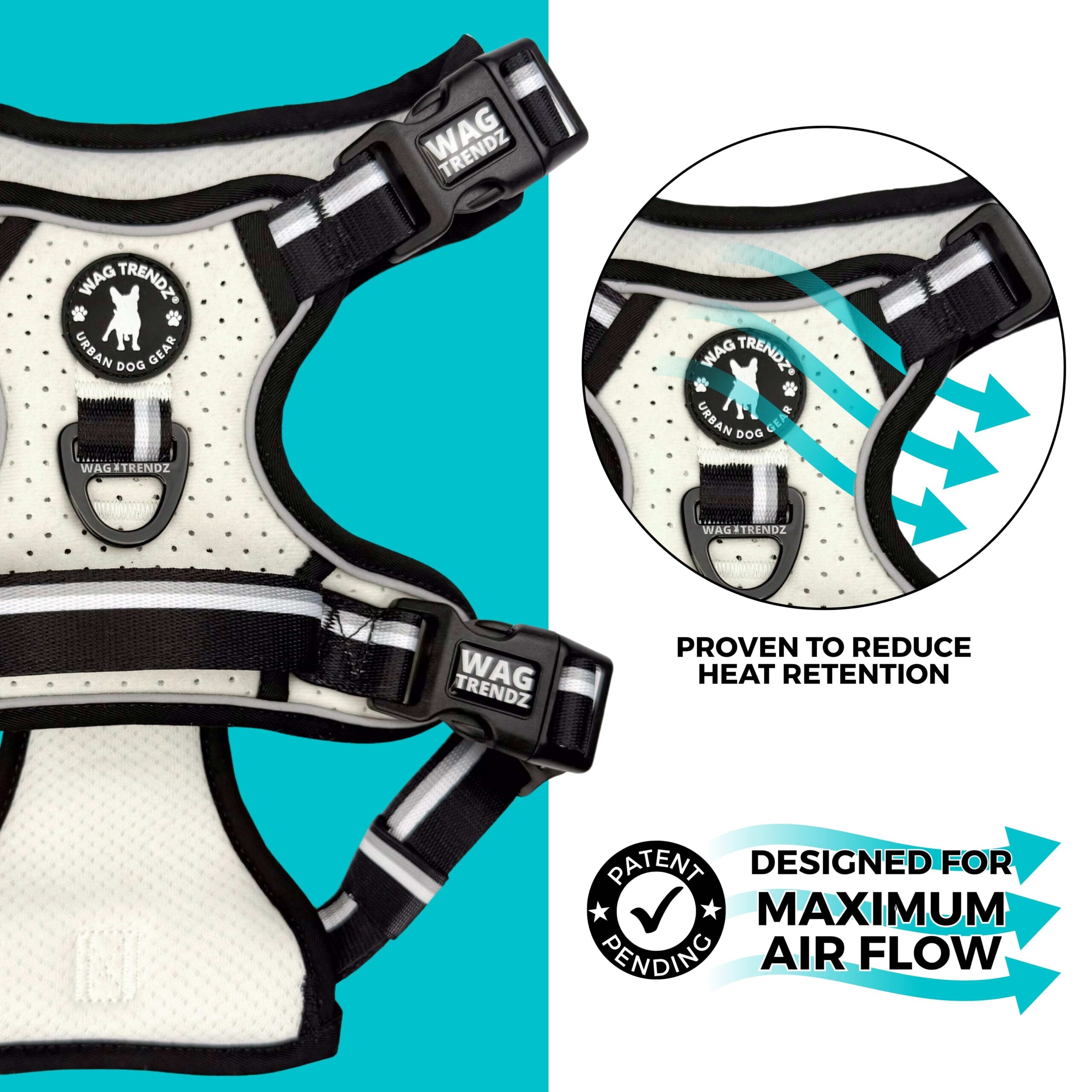 NeoCool™ Sport Dog Harness With Handle in white with black and gray accents with text highlighting cooling features on a blue and white background