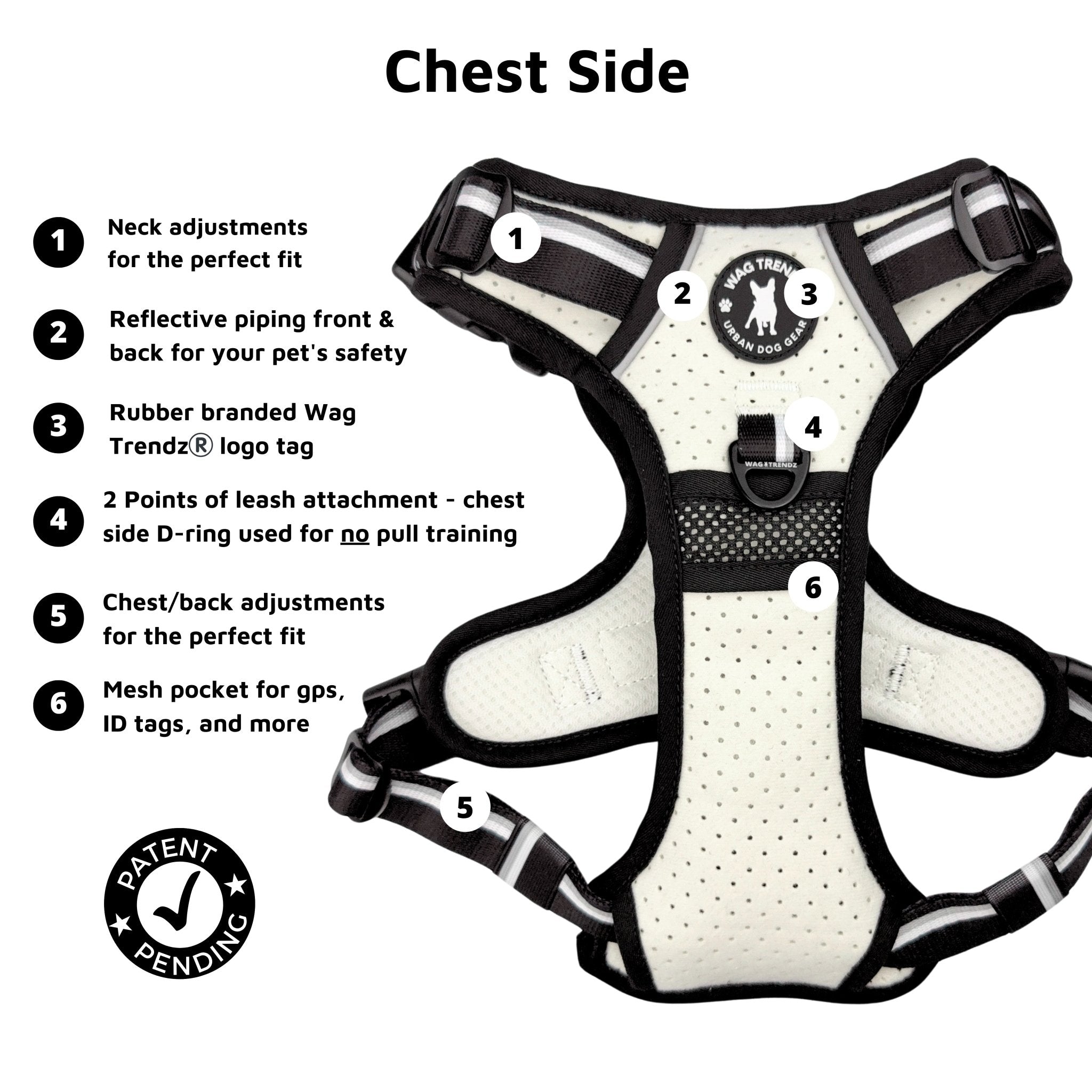NeoCool™ Sport Dog Harness With Handle in white with black and gray accents with labeled features for the chest side on a white background