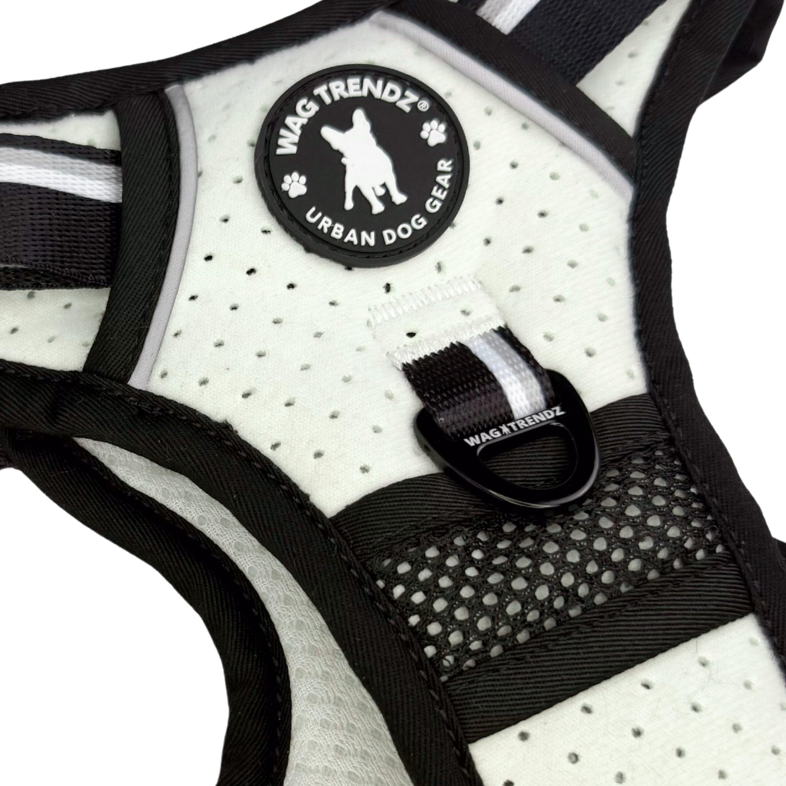 NeoCool™ Sport Dog Harness With Handle in white with black and gray accents with visible 'Wag Trendz' branding on a white background
