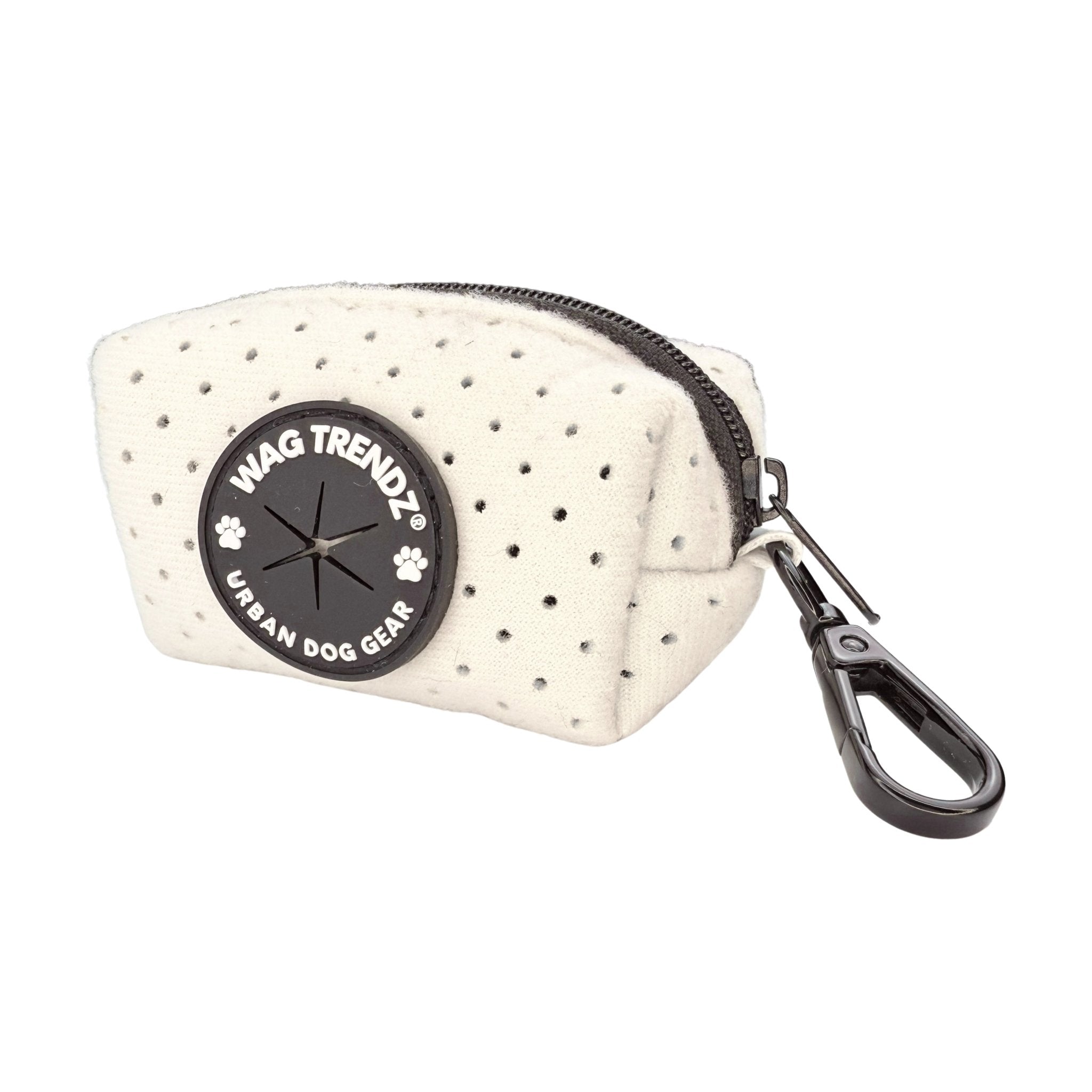 NeoCool™ Sport Poop Bag Holder in White with Black accentsblack paw print logo dispenser and black hardware on a white background