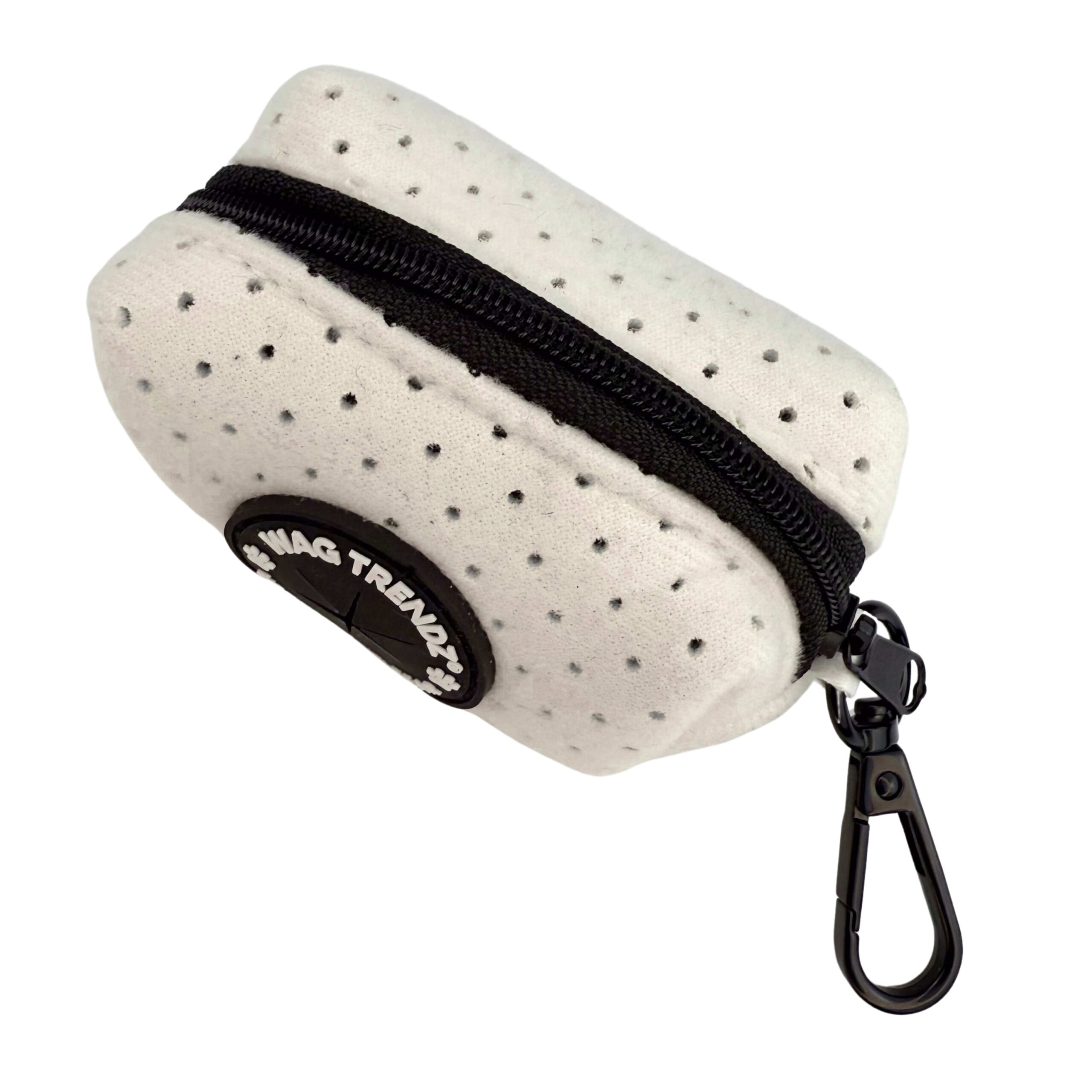 NeoCool™ Sport Poop Bag Holder in White with black zipper and black hardware on a white background