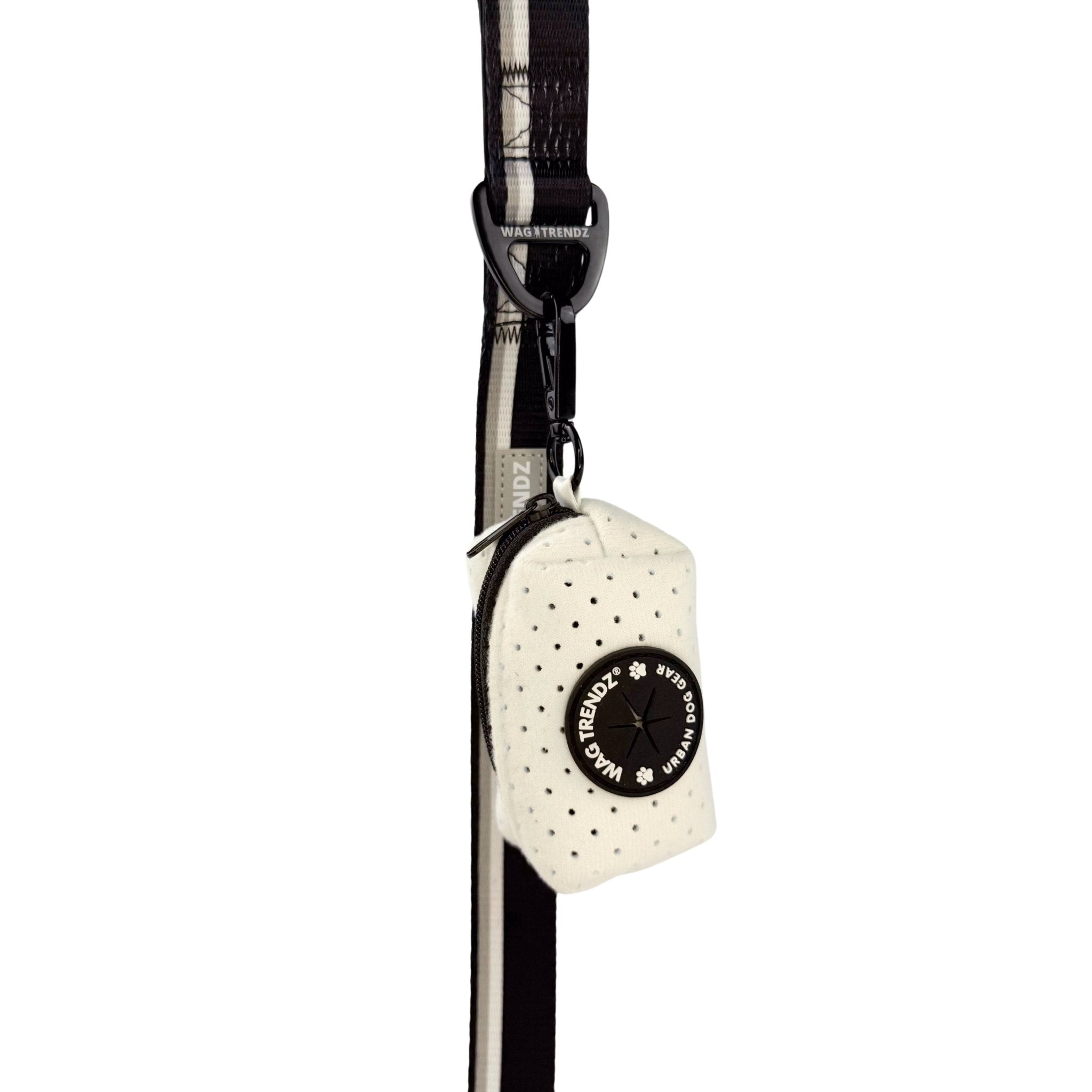 NeoCool™ Sport Poop Bag Holder in White with Black logo dispenser handing on black dog leash with white background