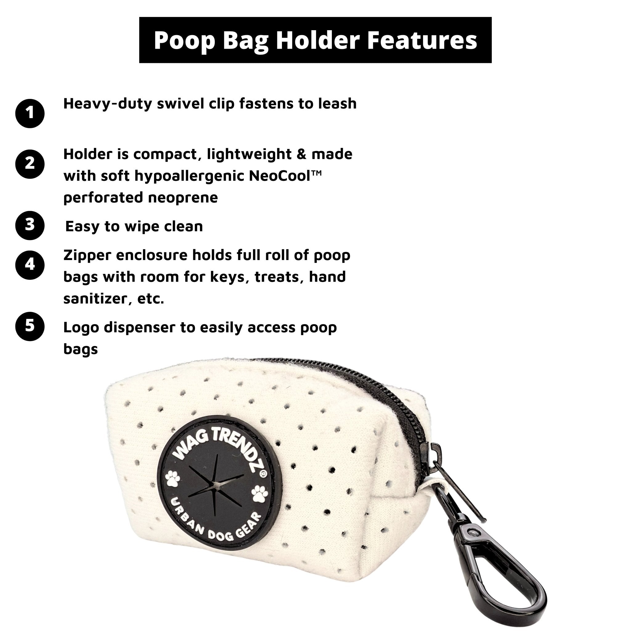 NeoCool™ Sport White Poop Bag Holder with black swivel clip and features with 'Wag Trendz' branding on a white background.