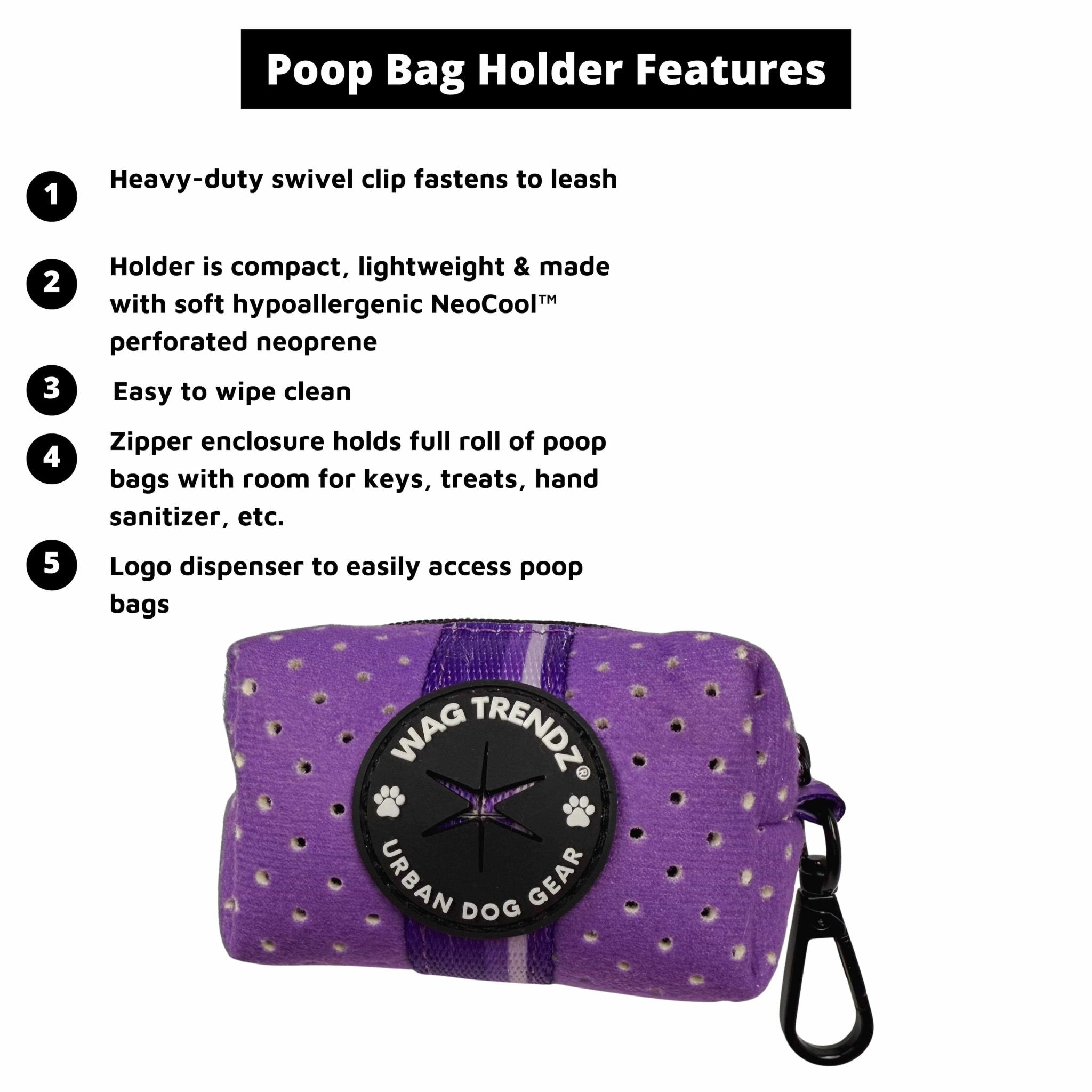 NeoCool™ Purple Poop Bag Holder with black swivel clip and Wag Trendz® branding on a white background.