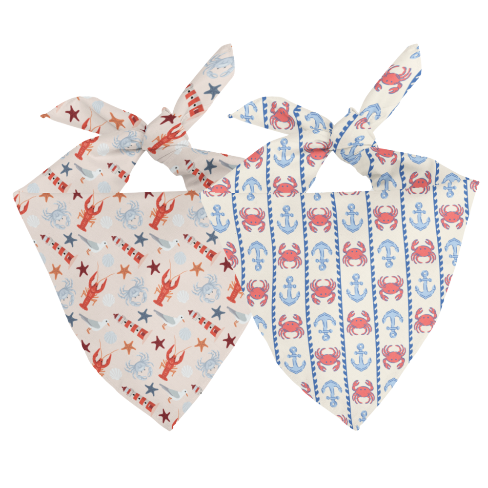 Double sided bandana with nautical-themed patterns on a white background
