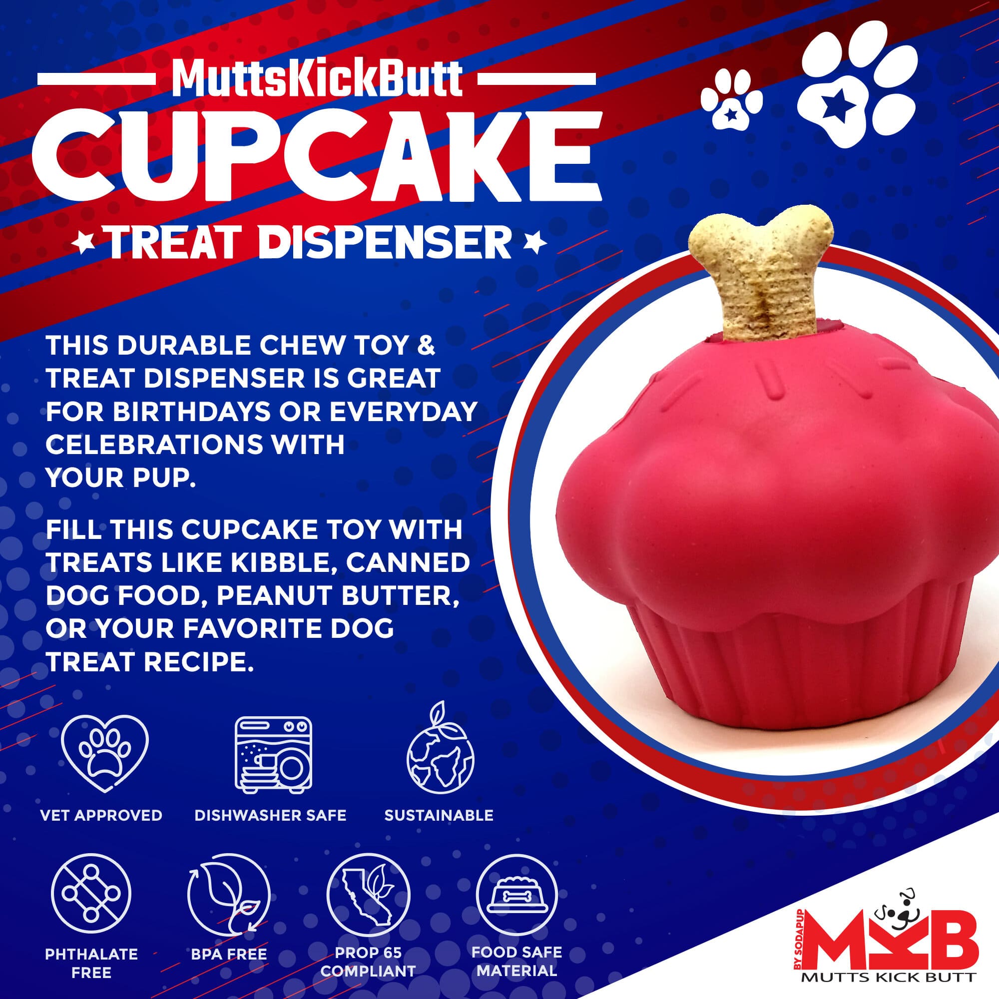 SodaPup Cupcake eDispenser Durable Rubber Chew Toy & Treat Dispenser | USA Made
