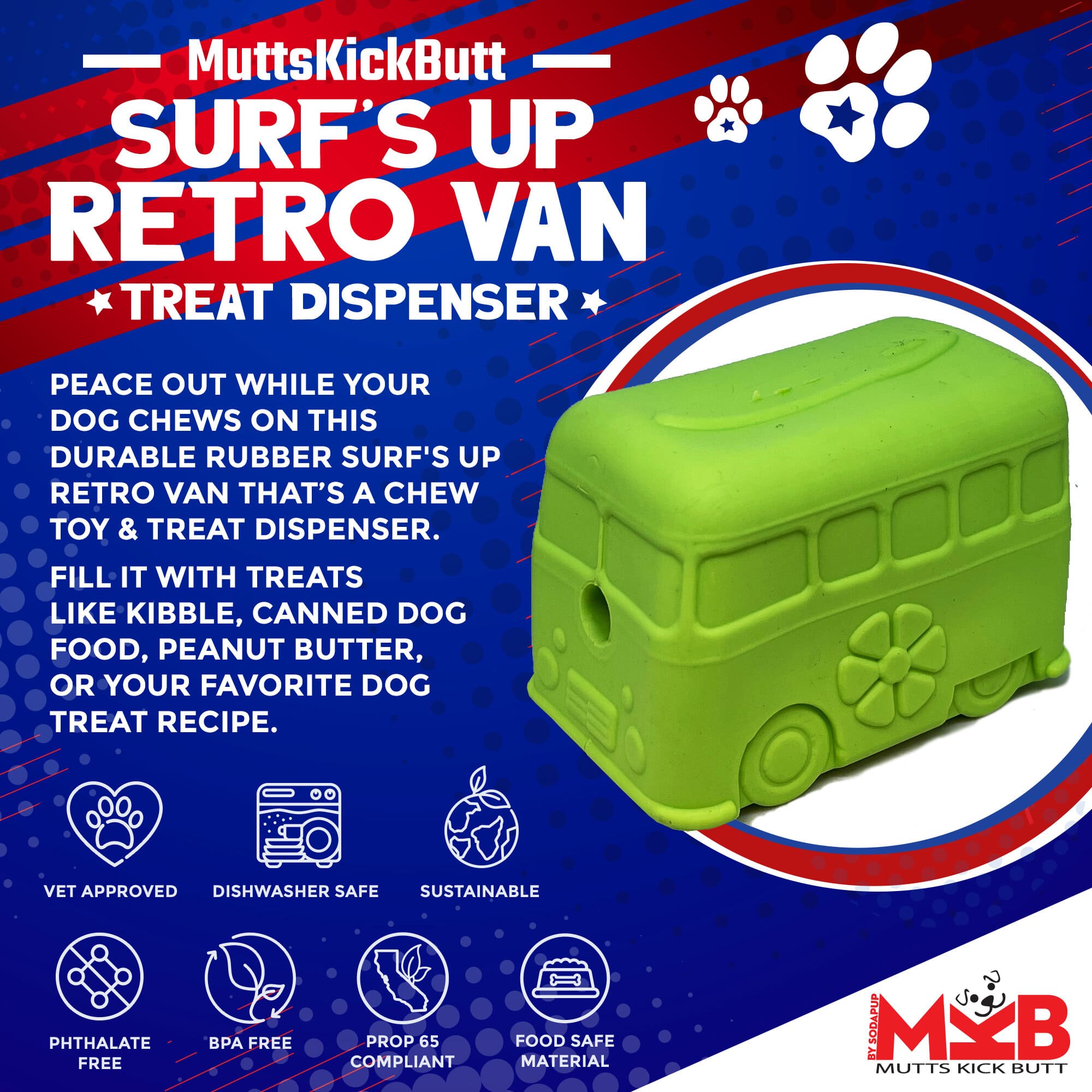 SodaPup Surf's Up! Retro Van Dog Toy Durable Chew Large Dogs | USA Made