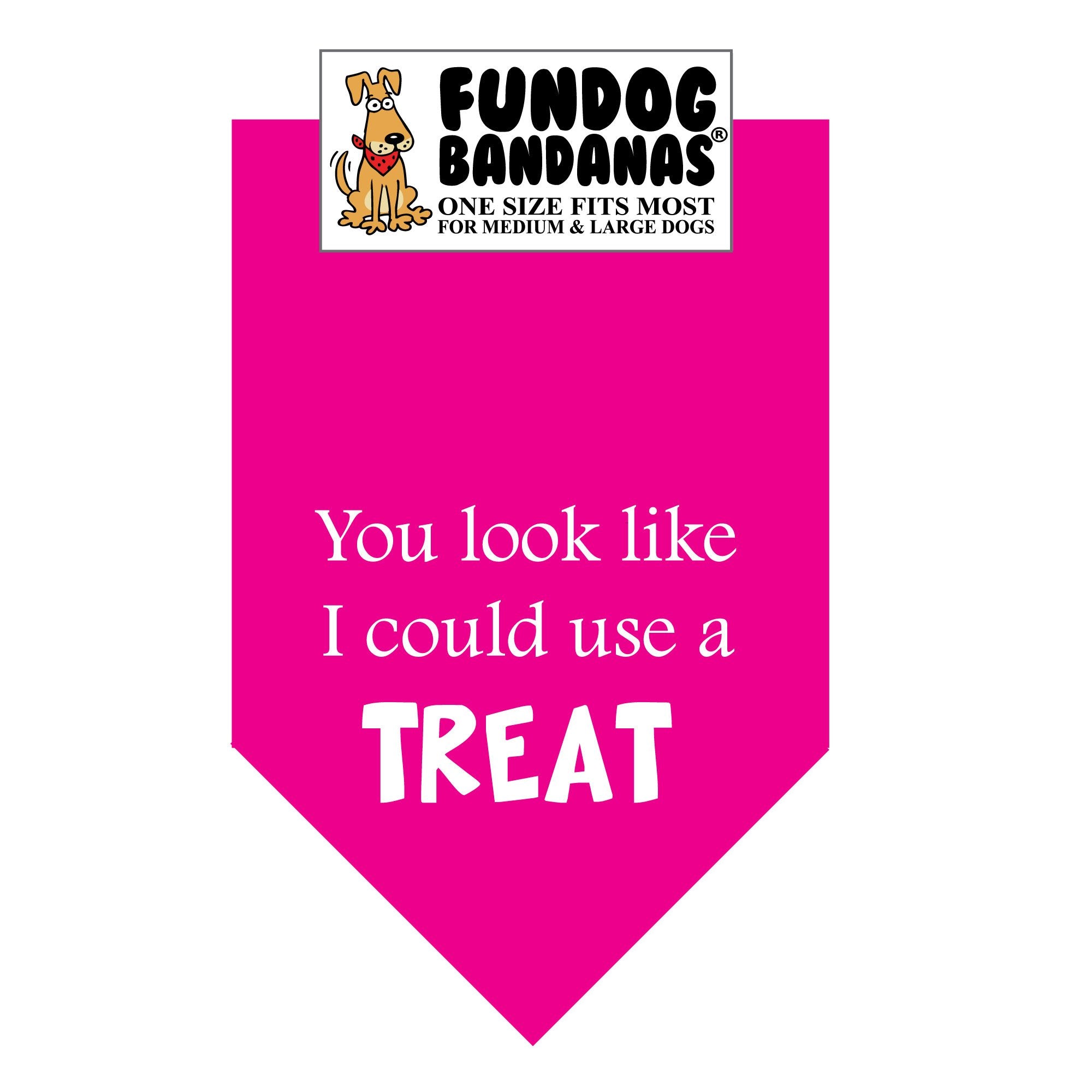 Hot Pink one size fits most dog bandana with You look like I could use a treat in white ink.