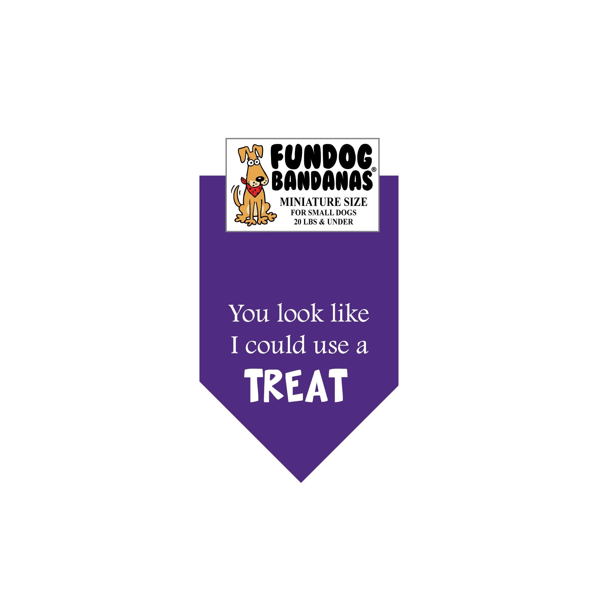 Purple miniature dog bandana with You look like I could use a treat in white ink.