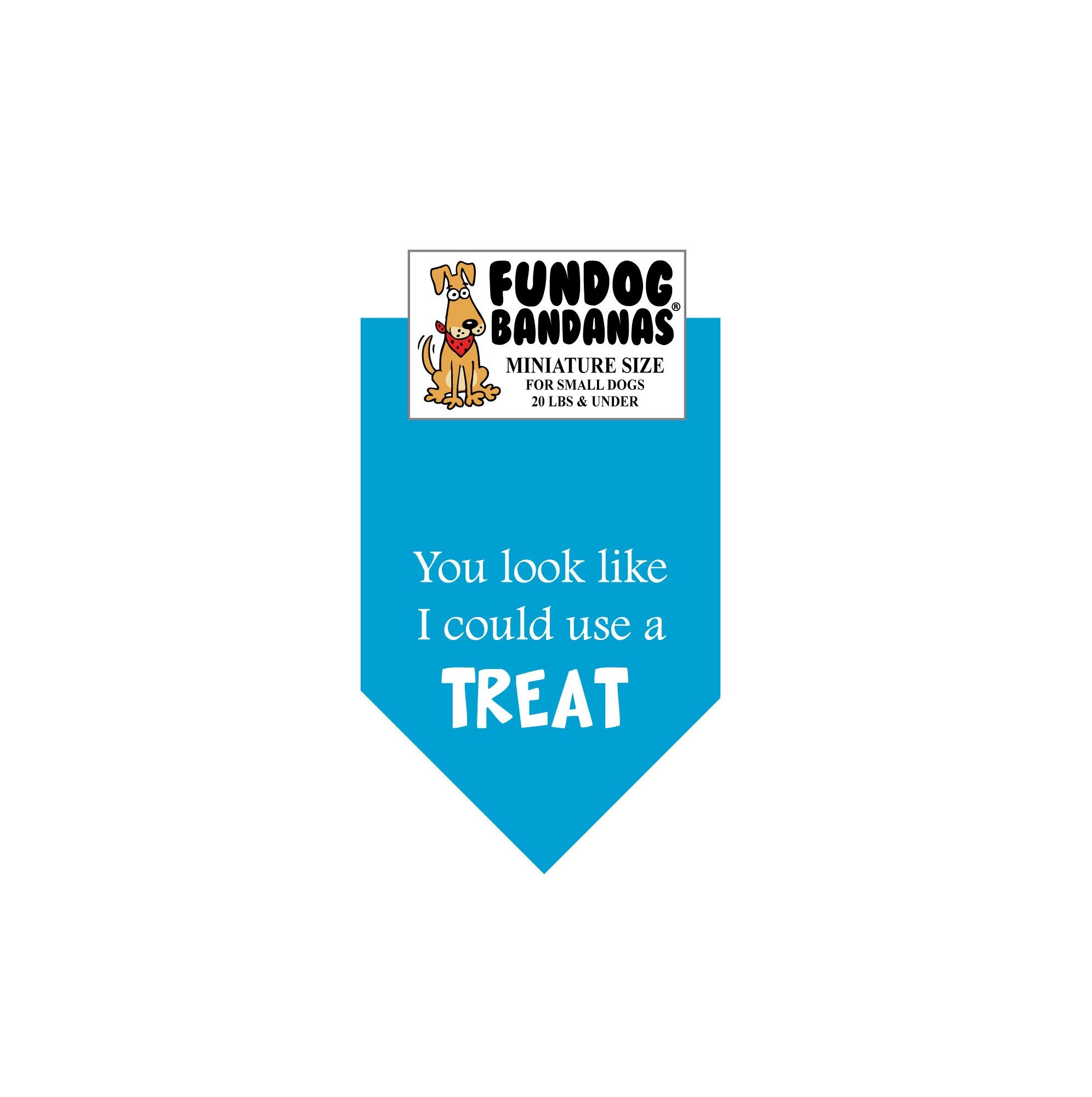 Turquoise miniature dog bandana with You look like I could use a treat in white ink.