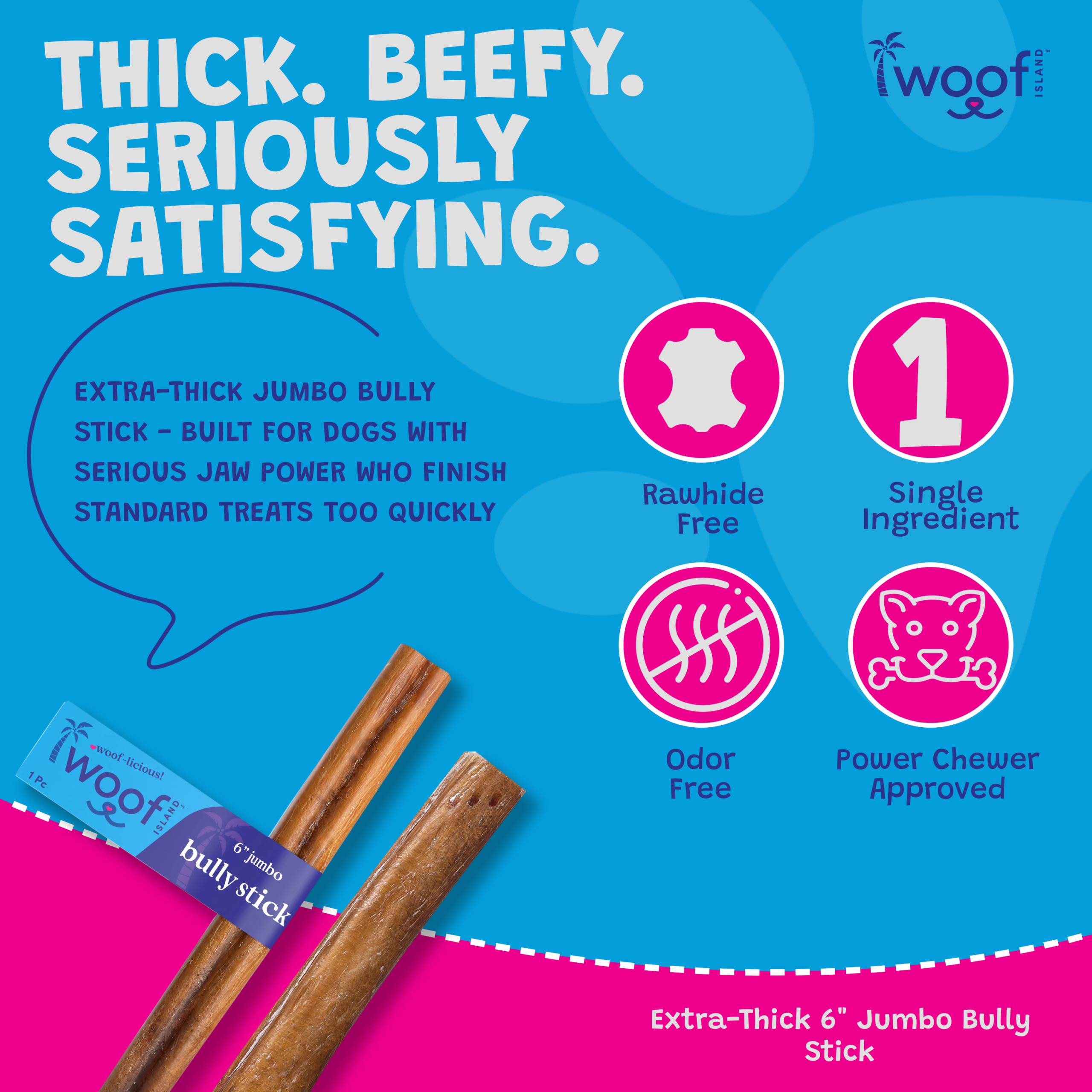 Woof Island Jumbo Beef Bully Stick, All Natural Single Ingredient Rawhide-Free Dog Chew for Aggressive Chewers 6 Inch - Image 4