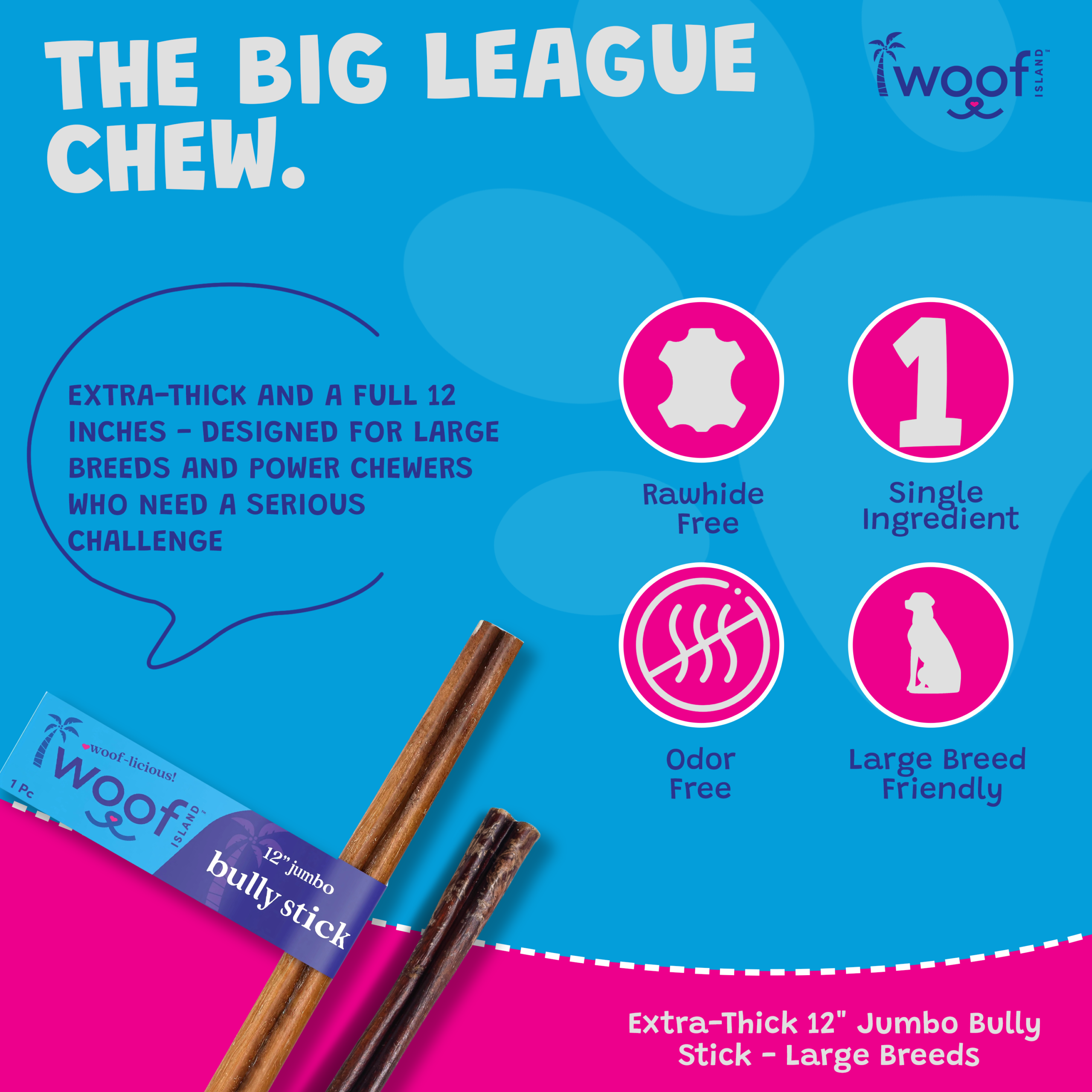 Woof Island Jumbo Beef Bully Stick, Thick Odor-Free All Natural Single Ingredient Dog Chew for Aggressive Chewers 12 Inch - Image 4