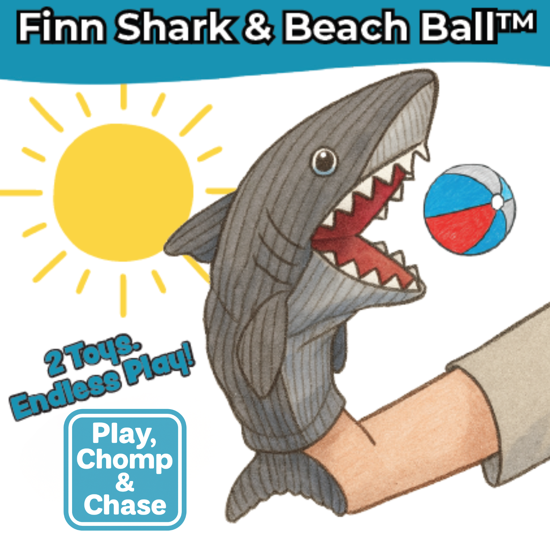HuggleSnuffles™ Chomp & Chase — Finn Shark Puppet + Ruff-Tex® Beach Ball - Image 5
