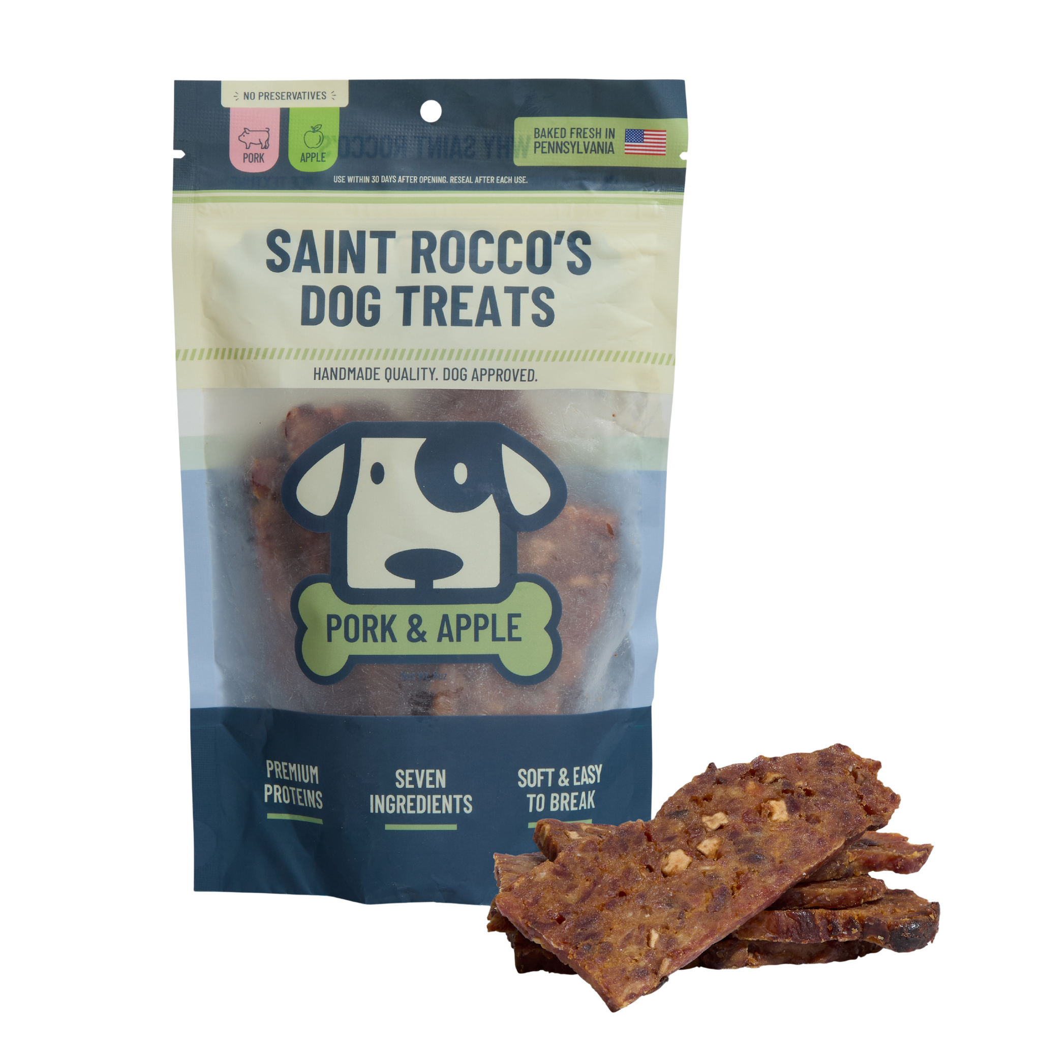 Package of Saint Rocco's Pork & Apple dog treats