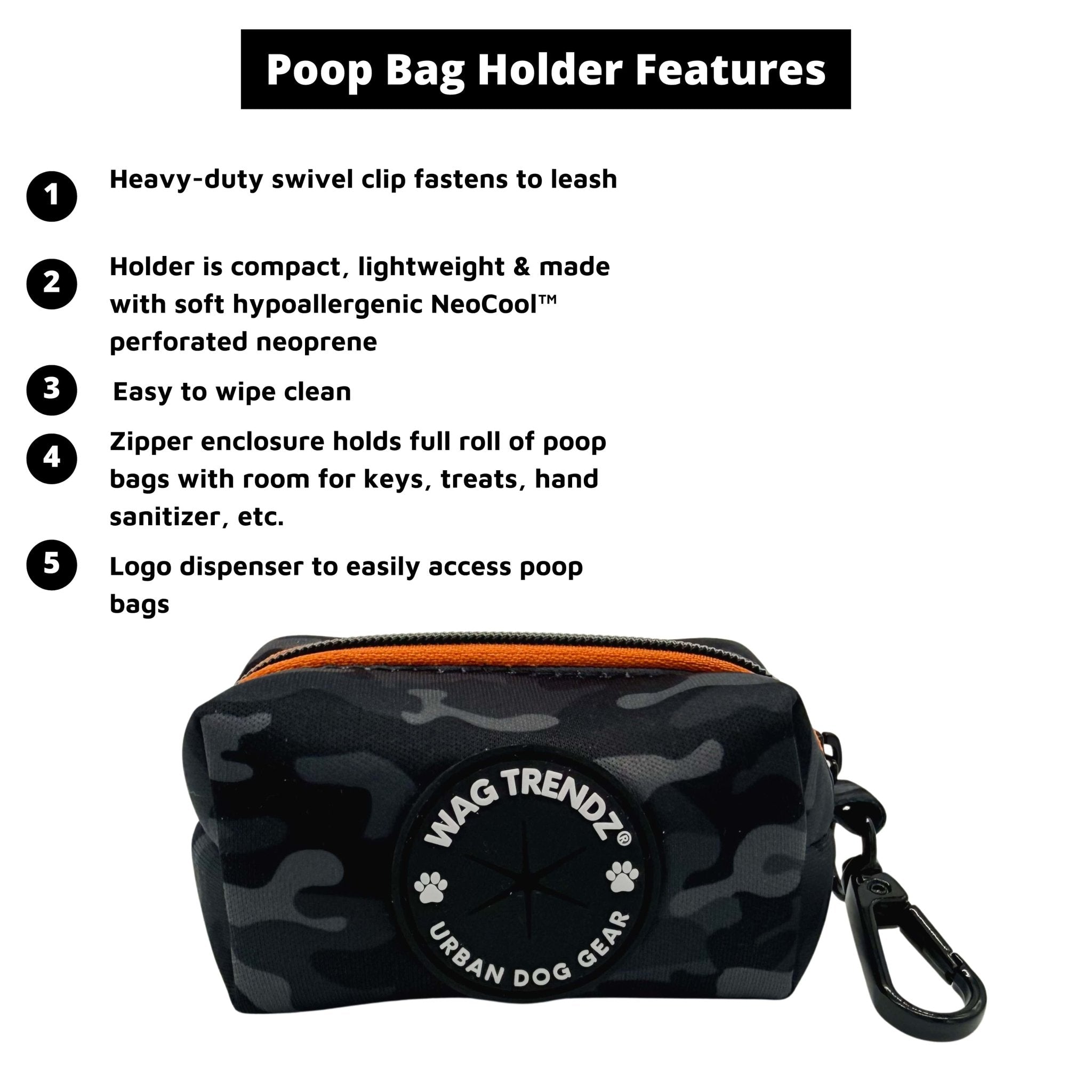 Dog Poop Bag Holder in black and gray camo with orange accents with features listed on a white background