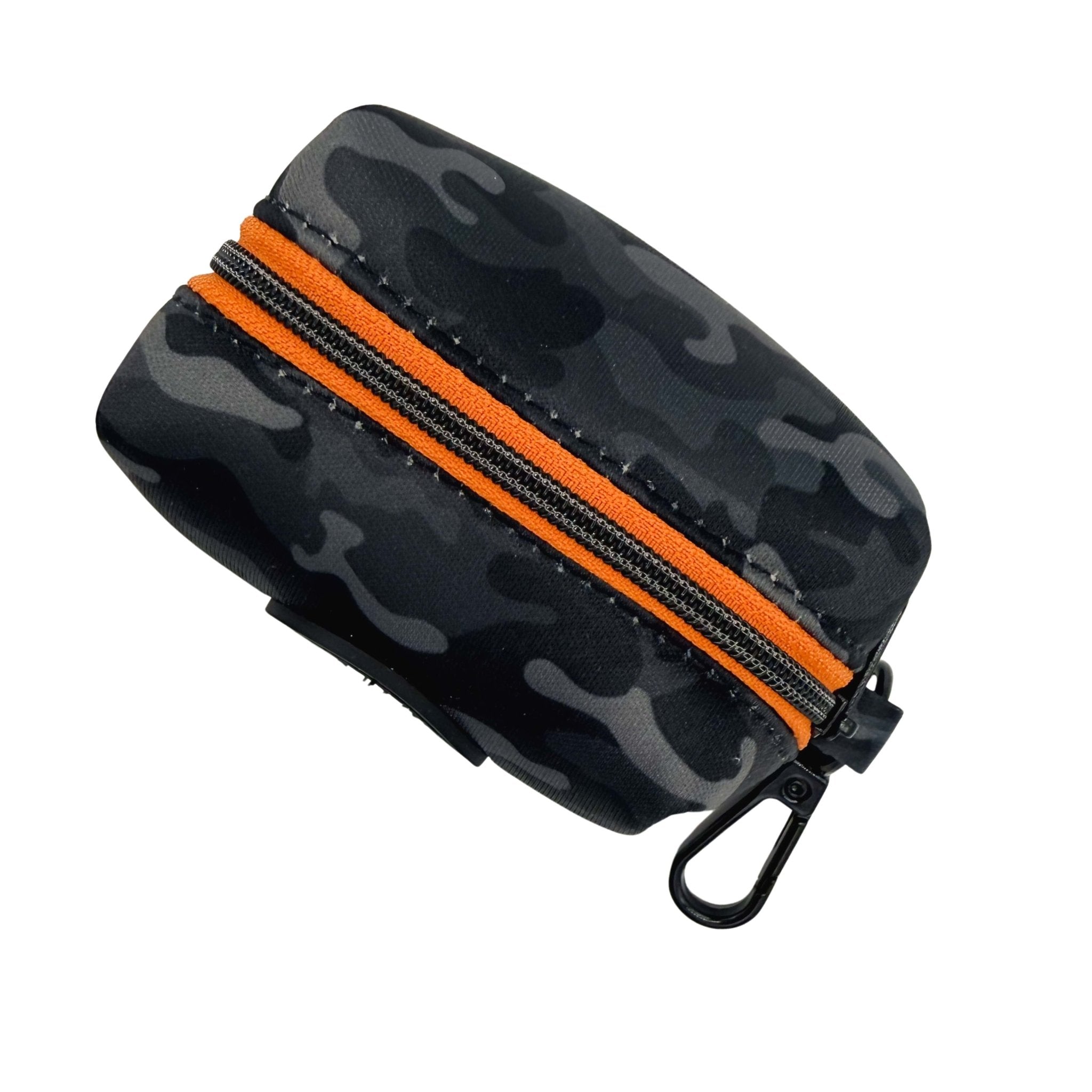 Dog Poop Bag Holder in black and gray camo with an orange zipper on a white background