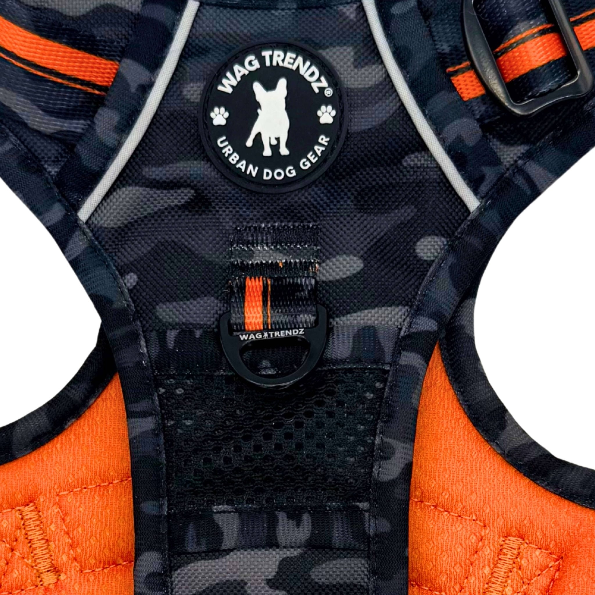No Pull Dog harness in black & gray camo with orange accents and Wag Trendz logo on a white background