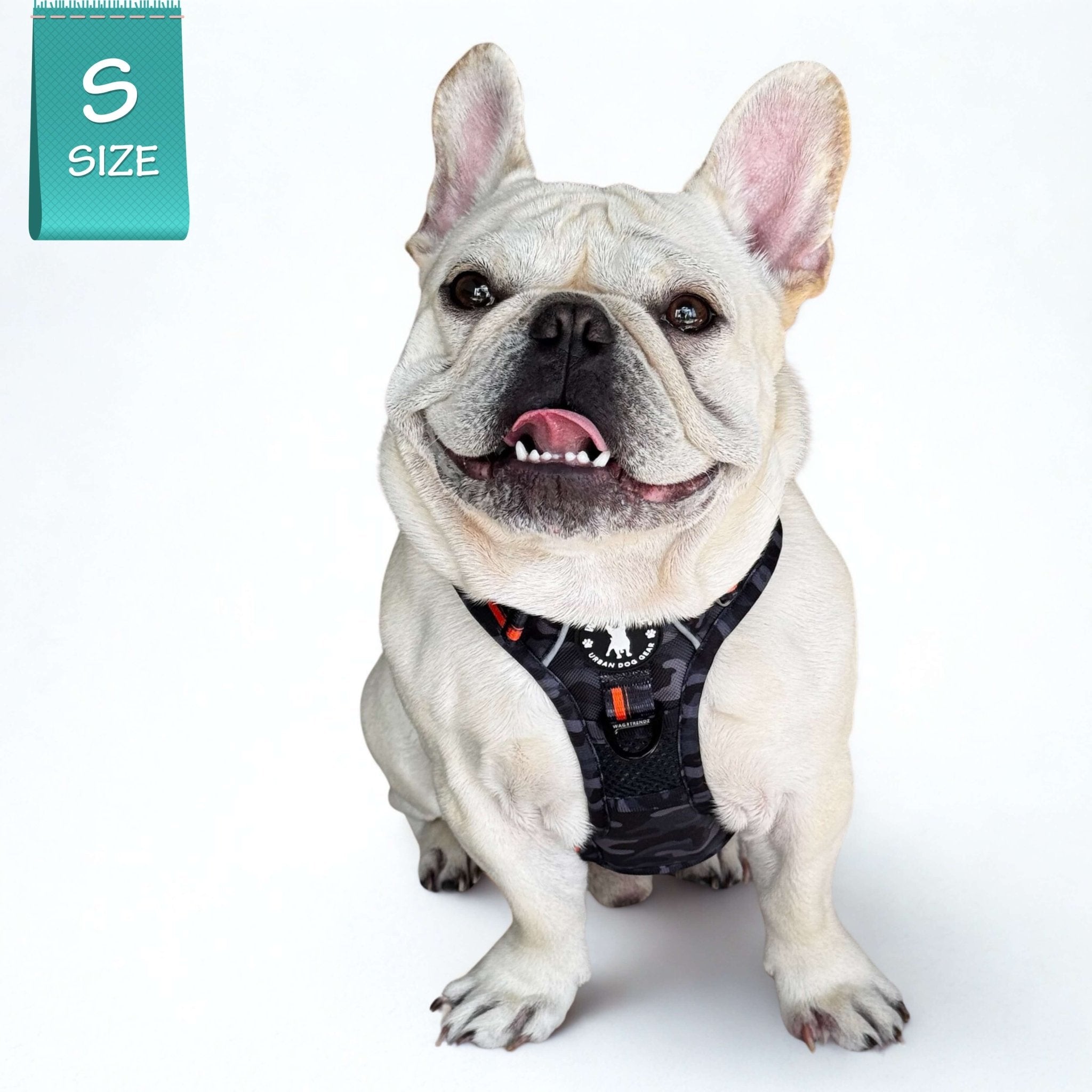 French Bulldog wearing a no pull dog harness in camo orange on a white background with 'S Size' label.