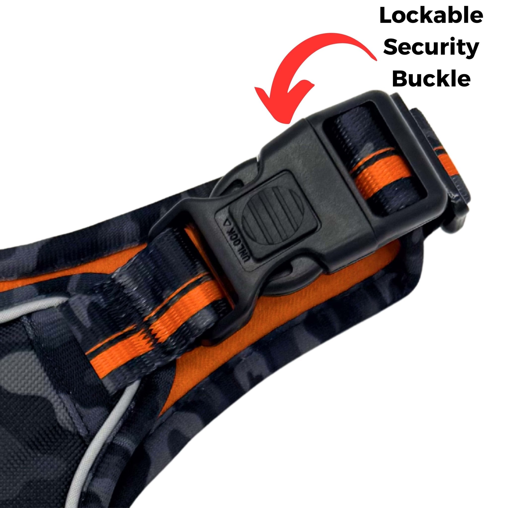No Pull Dog harness in camo with orange accents with lockable security buckle on a white background