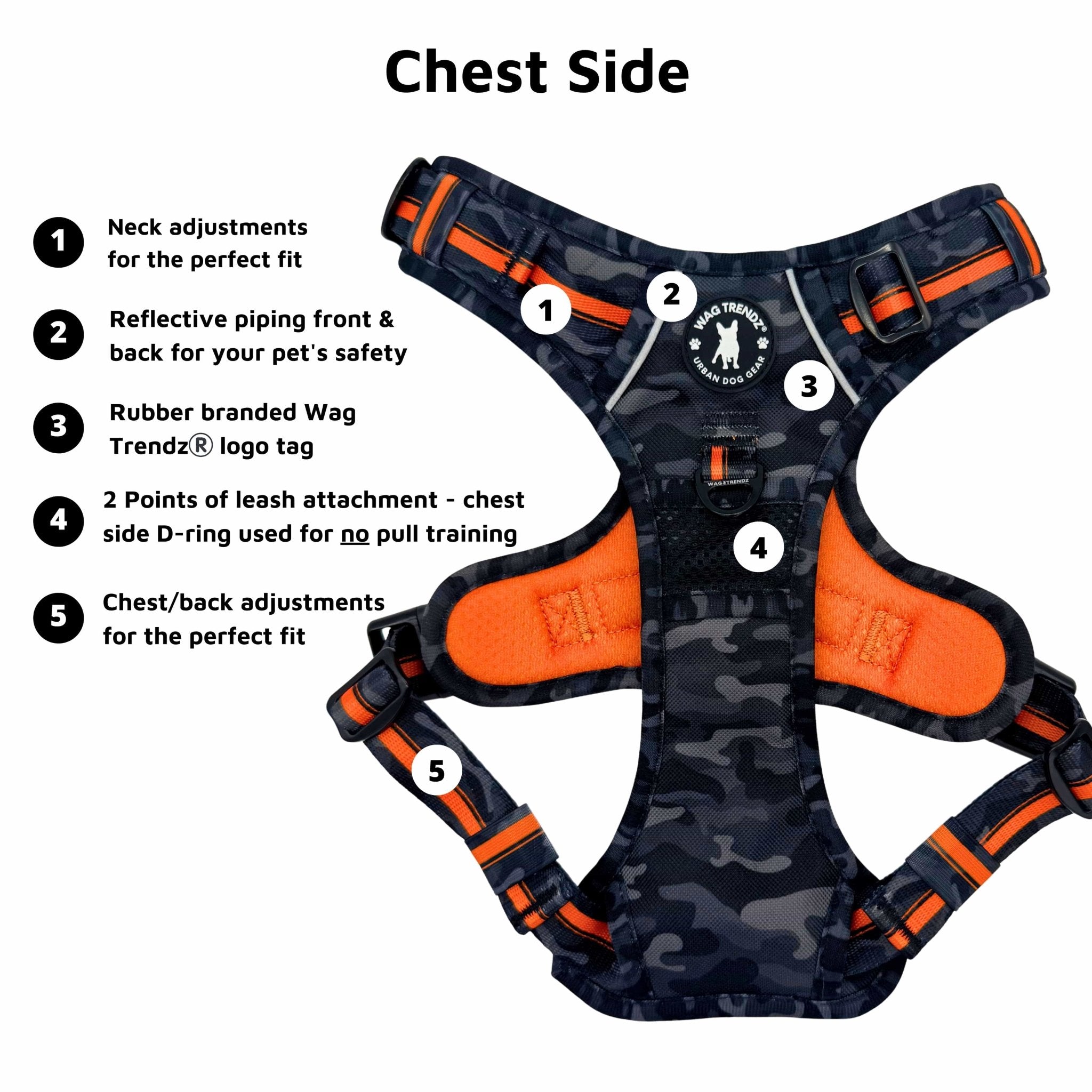 No Pull Dog harness in camo with orange accents with features labeled on a white background