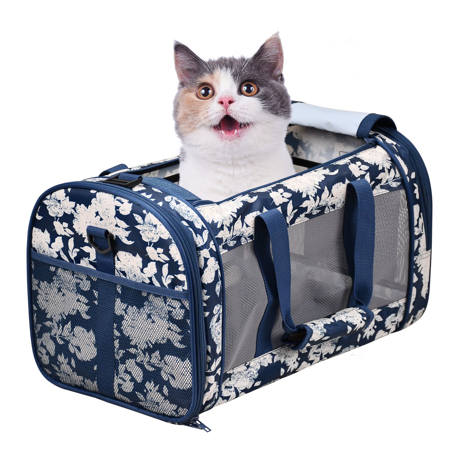 GOOPAWS Soft-Sided Travel Small Dog & Cat Carrier Bag, Blue White Floral, 19''