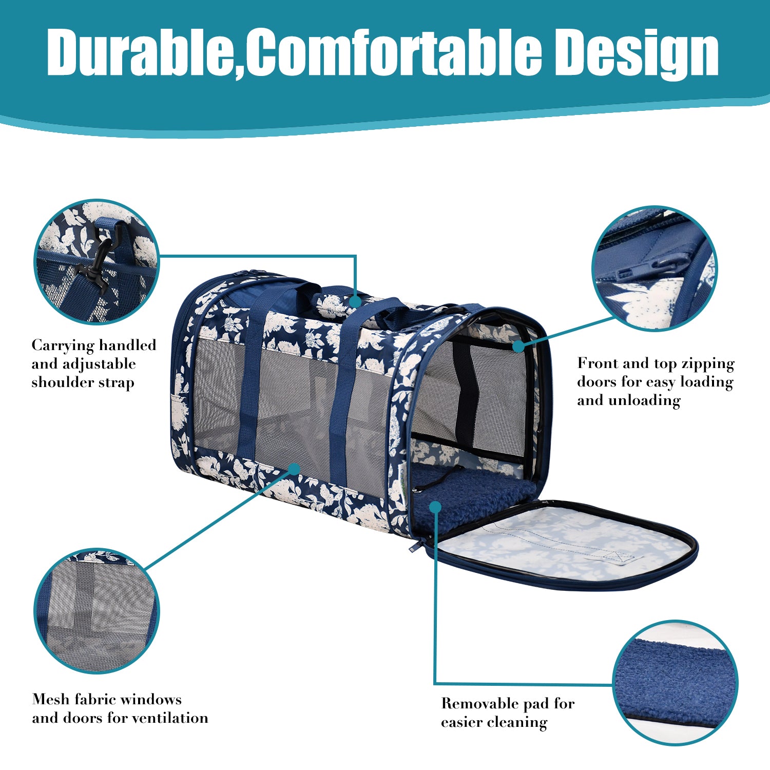 GOOPAWS Soft-Sided Travel Small Dog & Cat Carrier Bag, Blue White Floral, 19'' - Image 2