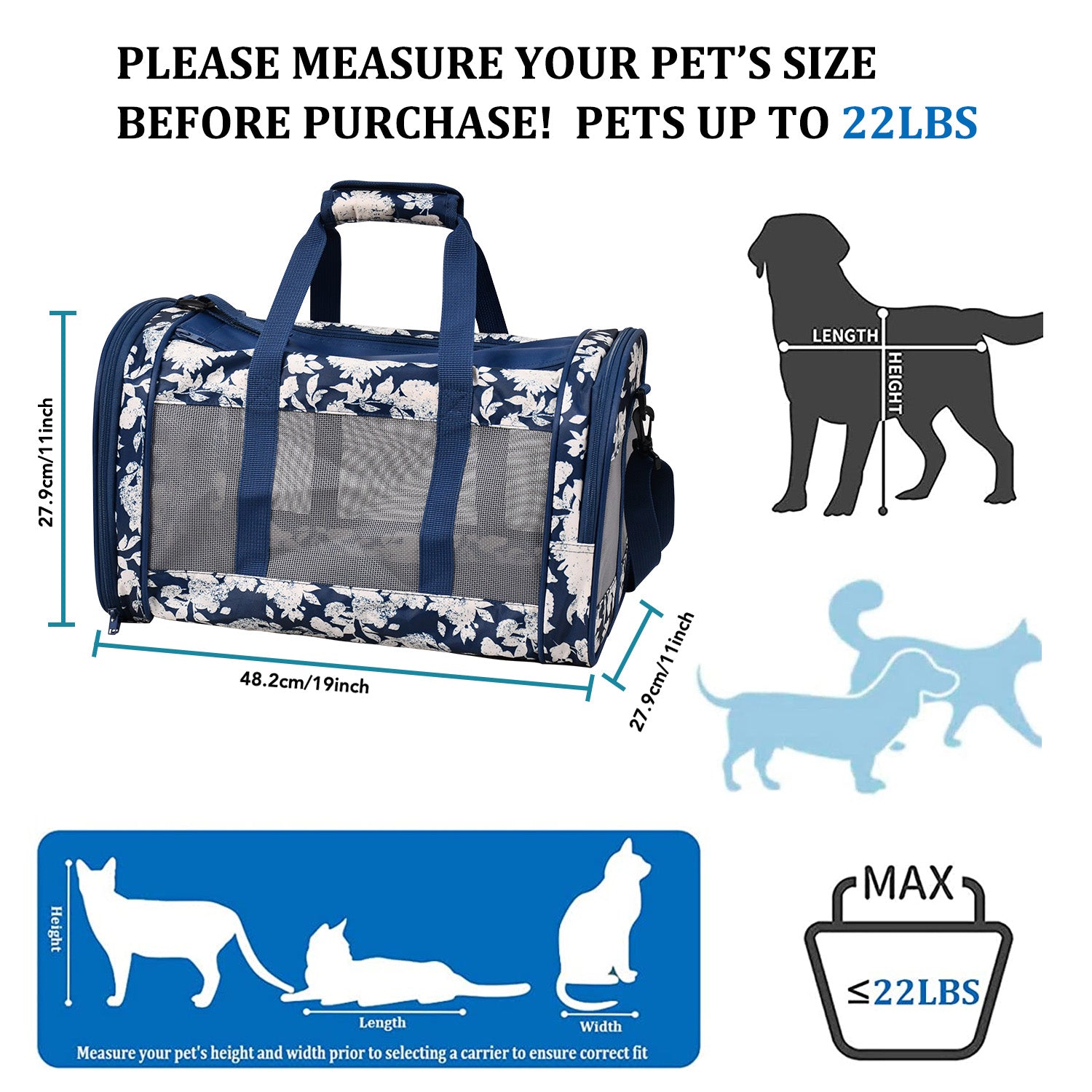 GOOPAWS Soft-Sided Travel Small Dog & Cat Carrier Bag, Blue White Floral, 19'' - Image 3