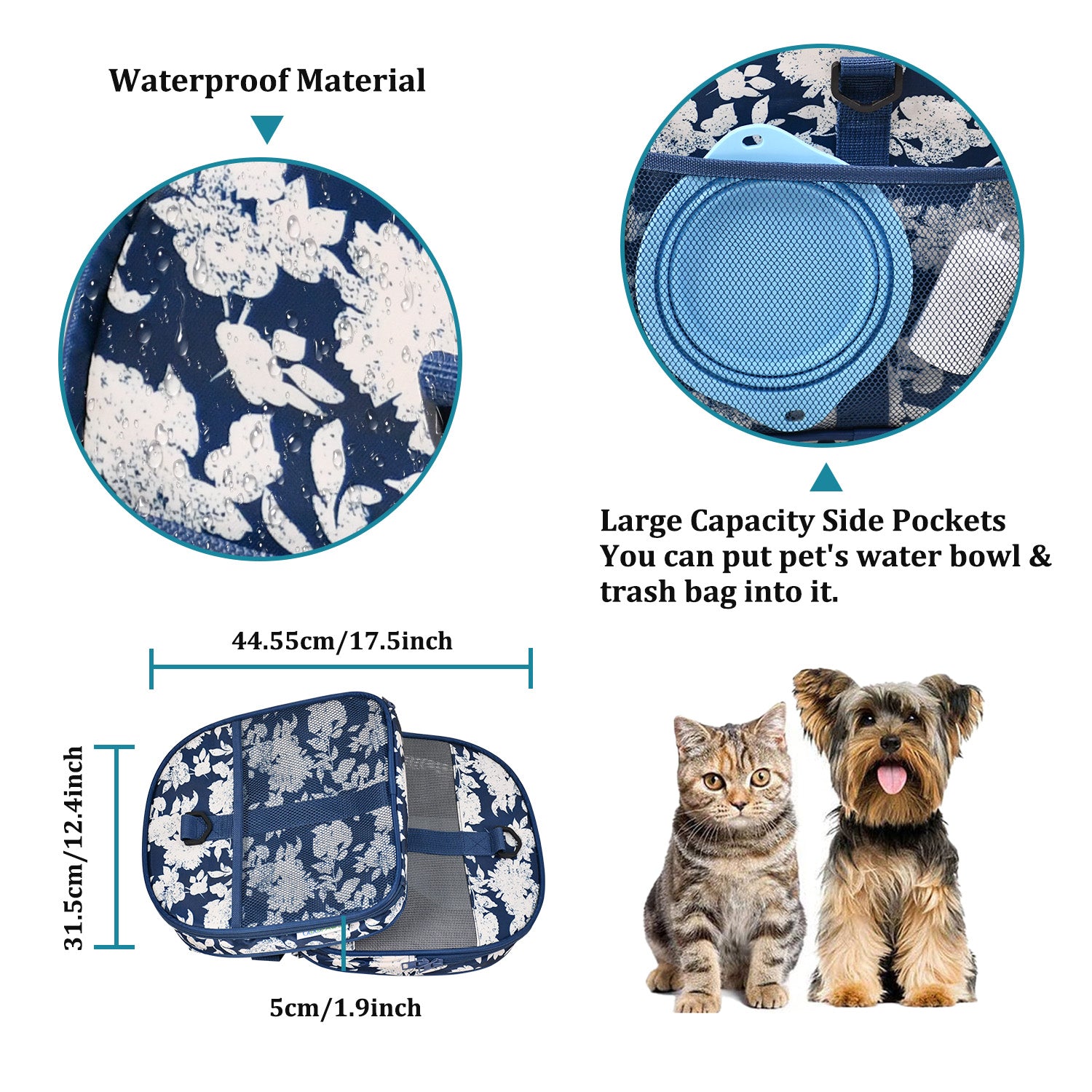 GOOPAWS Soft-Sided Travel Small Dog & Cat Carrier Bag, Blue White Floral, 19'' - Image 5