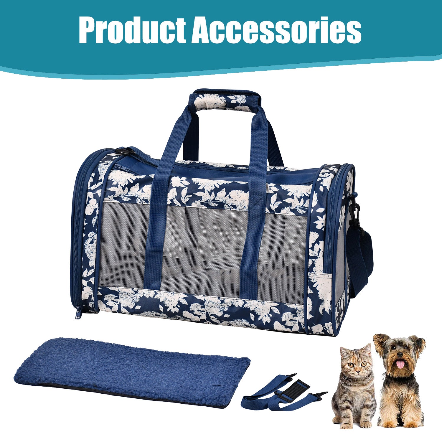 GOOPAWS Soft-Sided Travel Small Dog & Cat Carrier Bag, Blue White Floral, 19'' - Image 6
