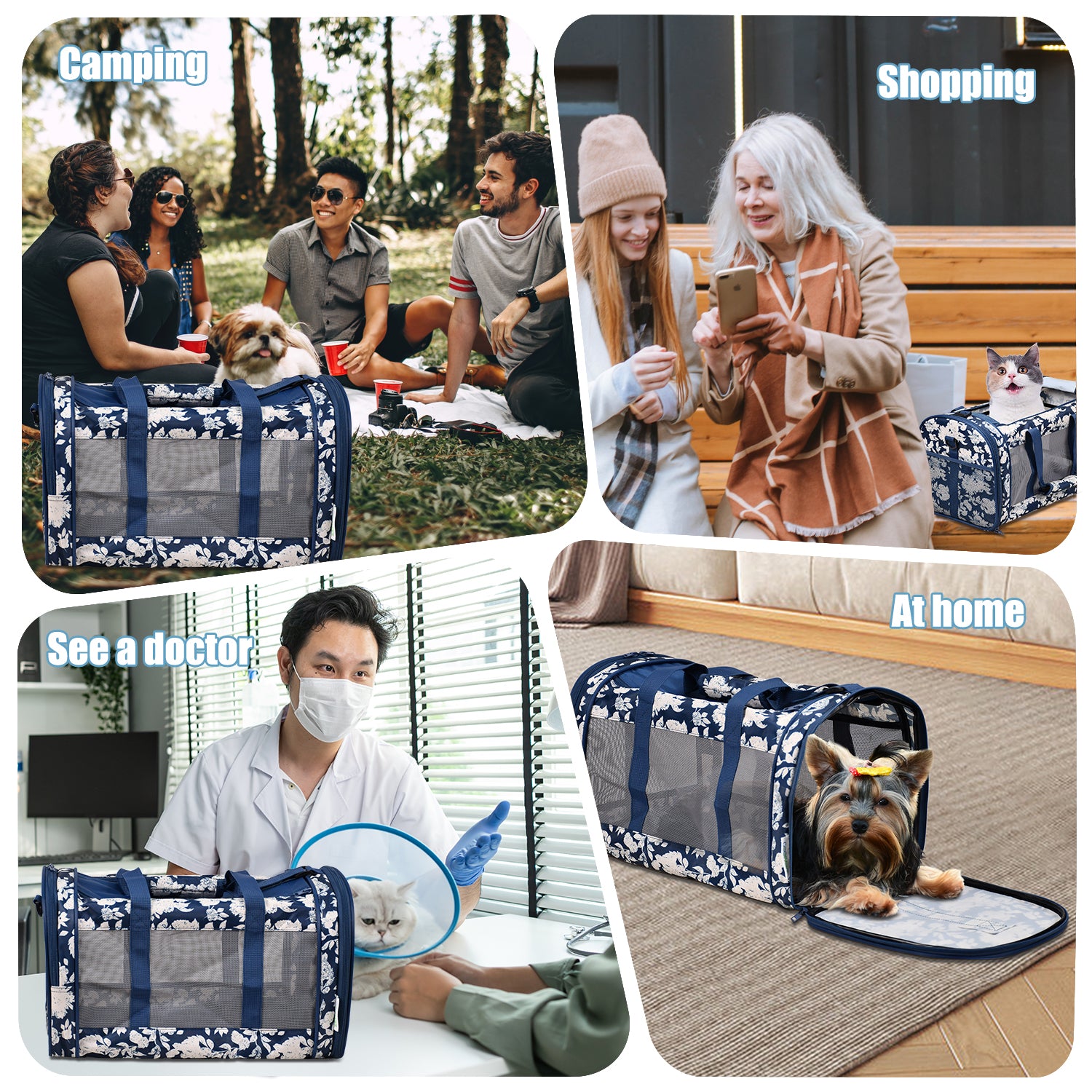 GOOPAWS Soft-Sided Travel Small Dog & Cat Carrier Bag, Blue White Floral, 19'' - Image 7