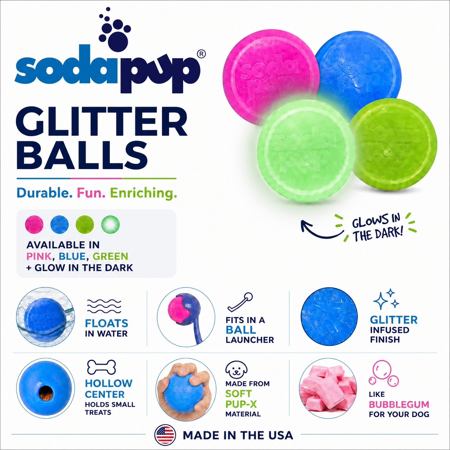 SodaPup Green Glitter Ball 2-Pack Dog Toy | Soft PUP-X Rubber Floating Fetch Treat Dispenser USA Made