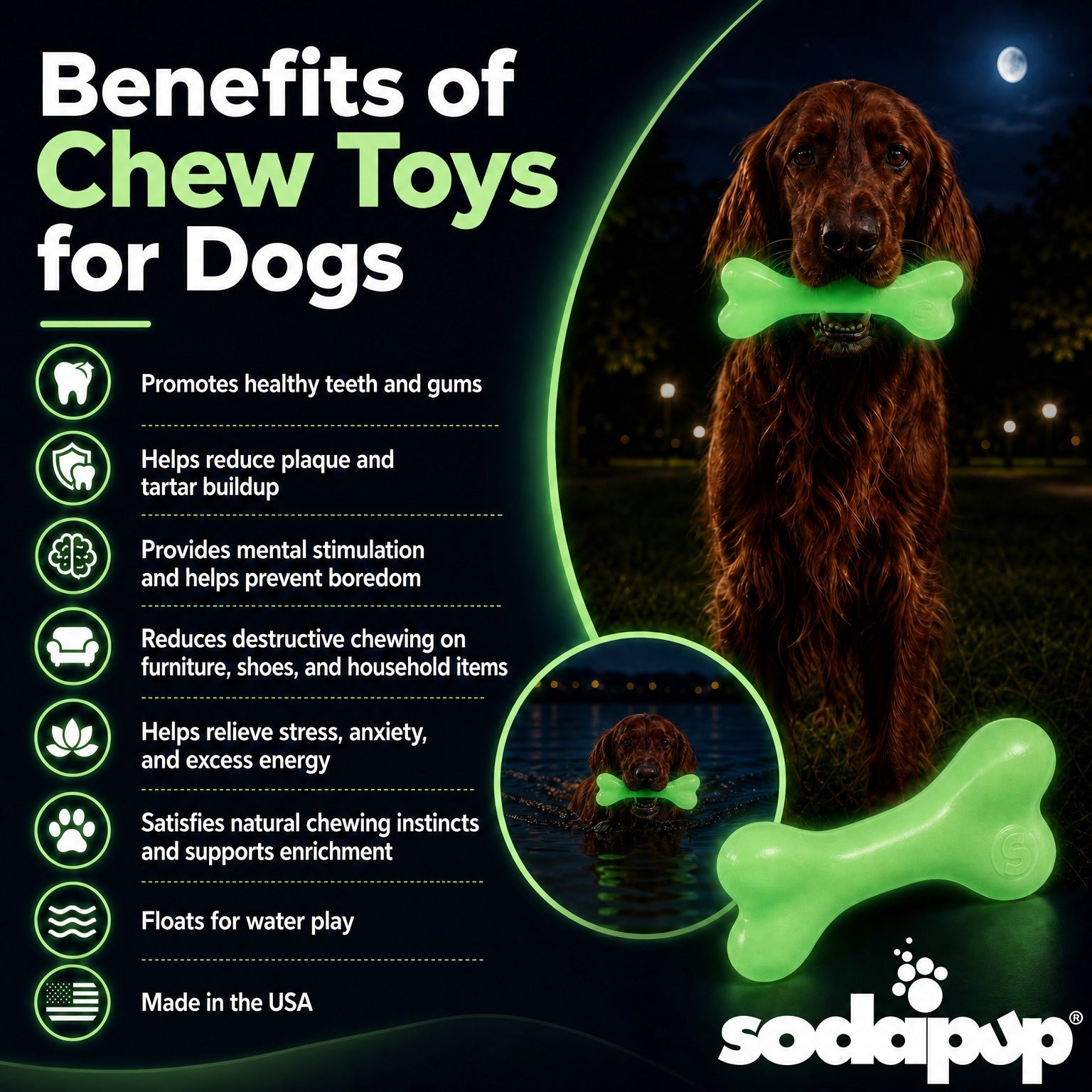 SodaPup PUP-X Rubber Glow Dark Chew Bone Dog Toy Durable, Floats, Large Dogs | USA