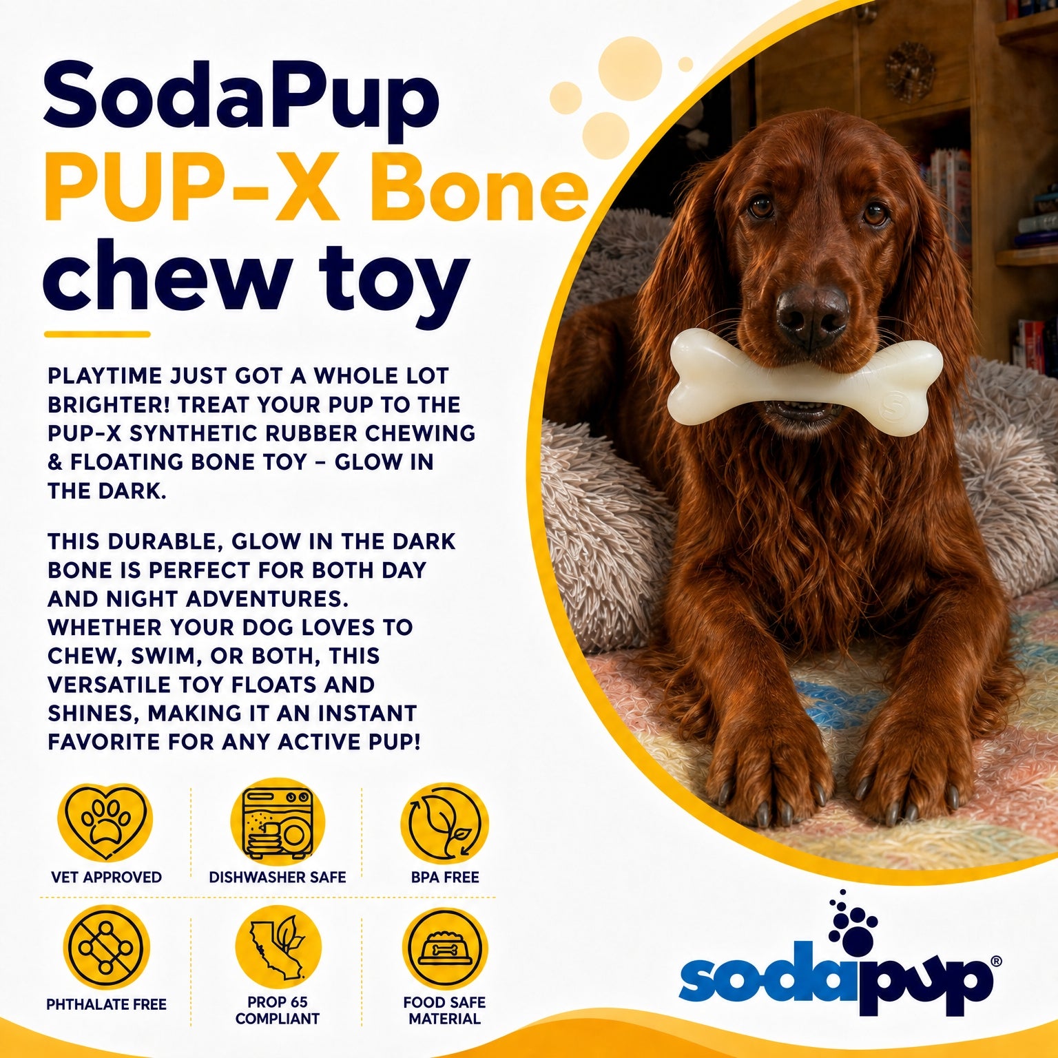 SodaPup PUP-X Rubber Glow Dark Chew Bone Dog Toy Durable, Floats, Large Dogs | USA