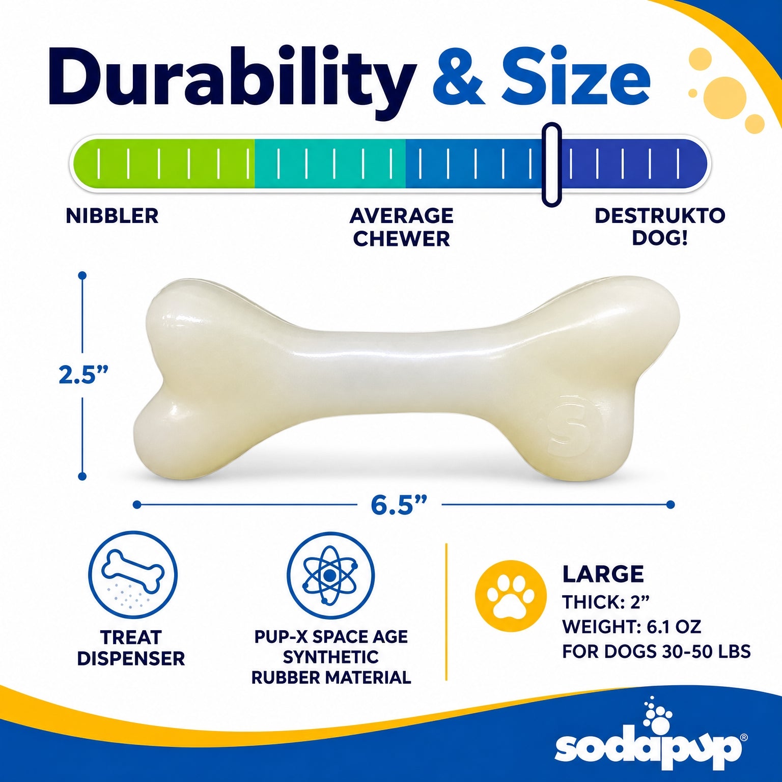 SodaPup PUP-X Rubber Glow Dark Chew Bone Dog Toy Durable, Floats, Large Dogs | USA
