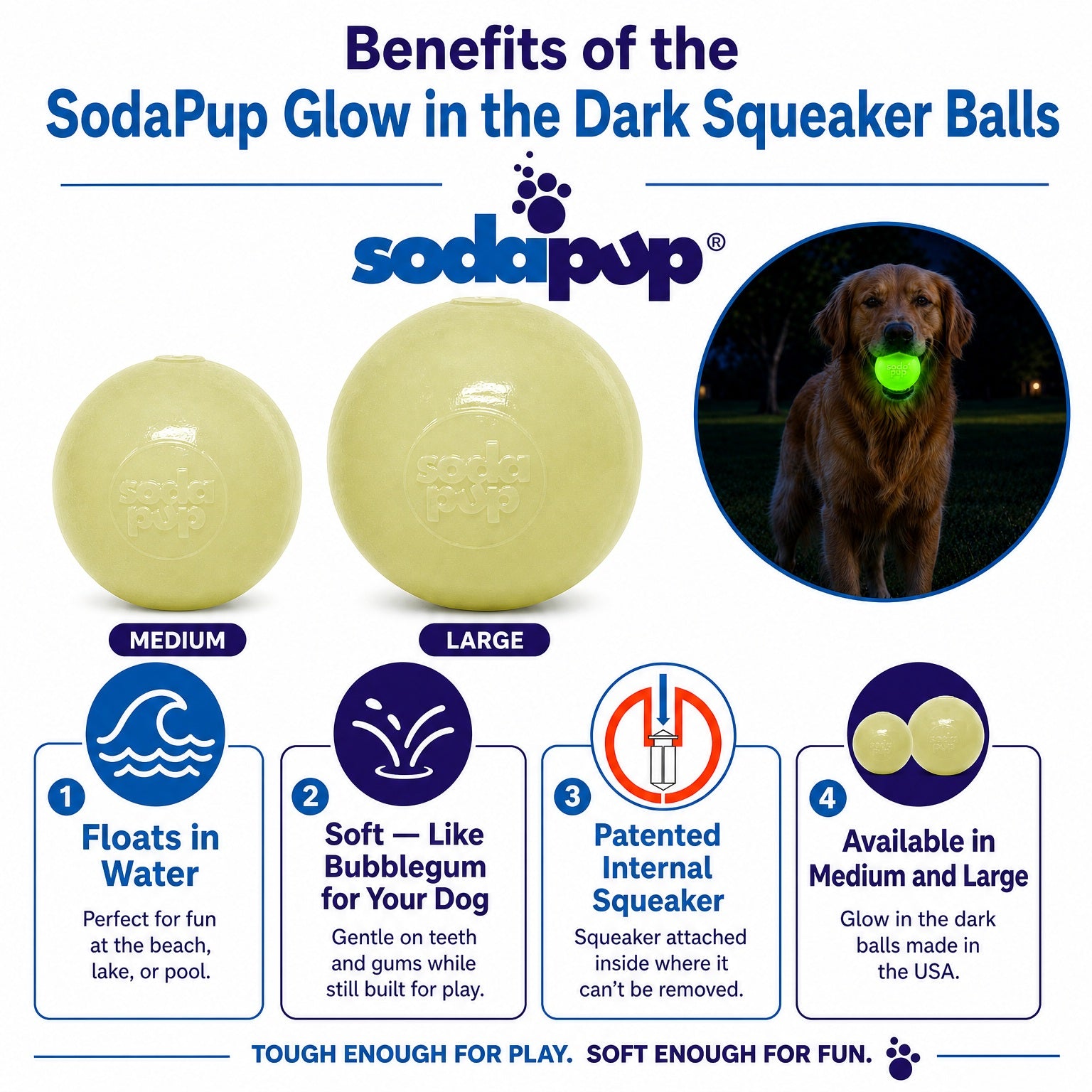 SodaPup Squeak Ball Glow Dark Durable Squeaky Dog Toy, Floats, Chew Toy | USA Made